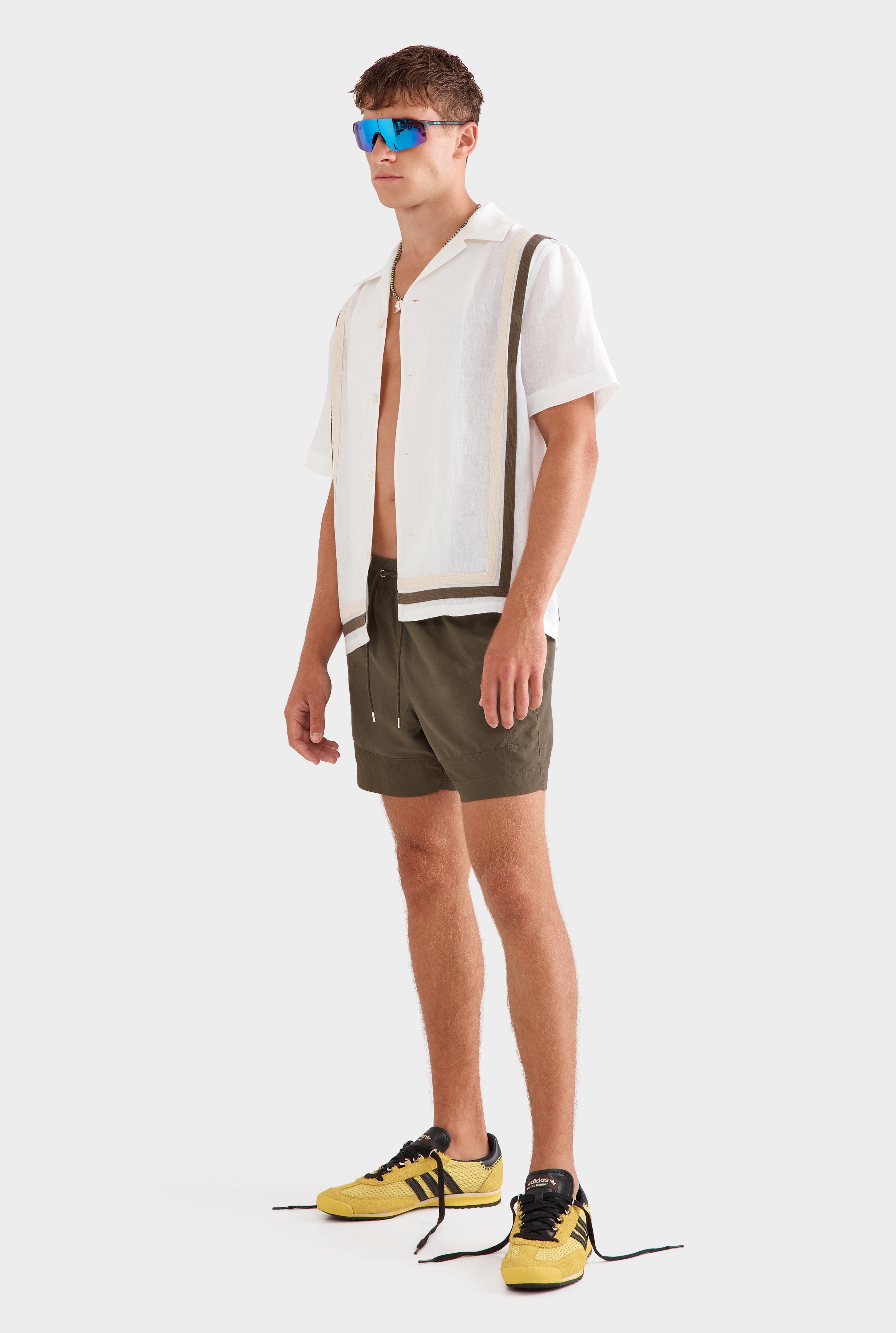 Crochet Border Short Sleeve Linen Camp Collar Shirt - White