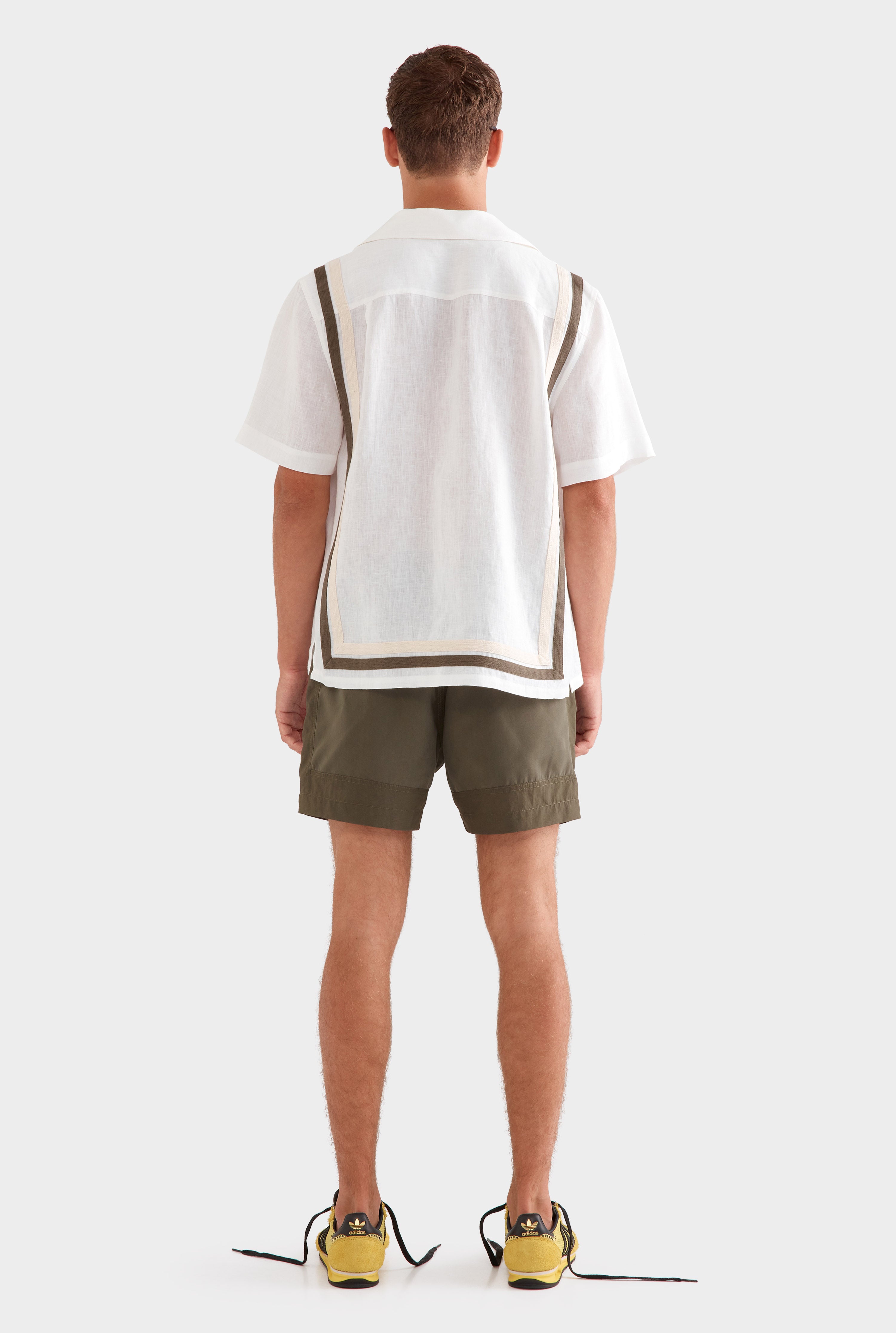 Crochet Border Short Sleeve Linen Camp Collar Shirt - White