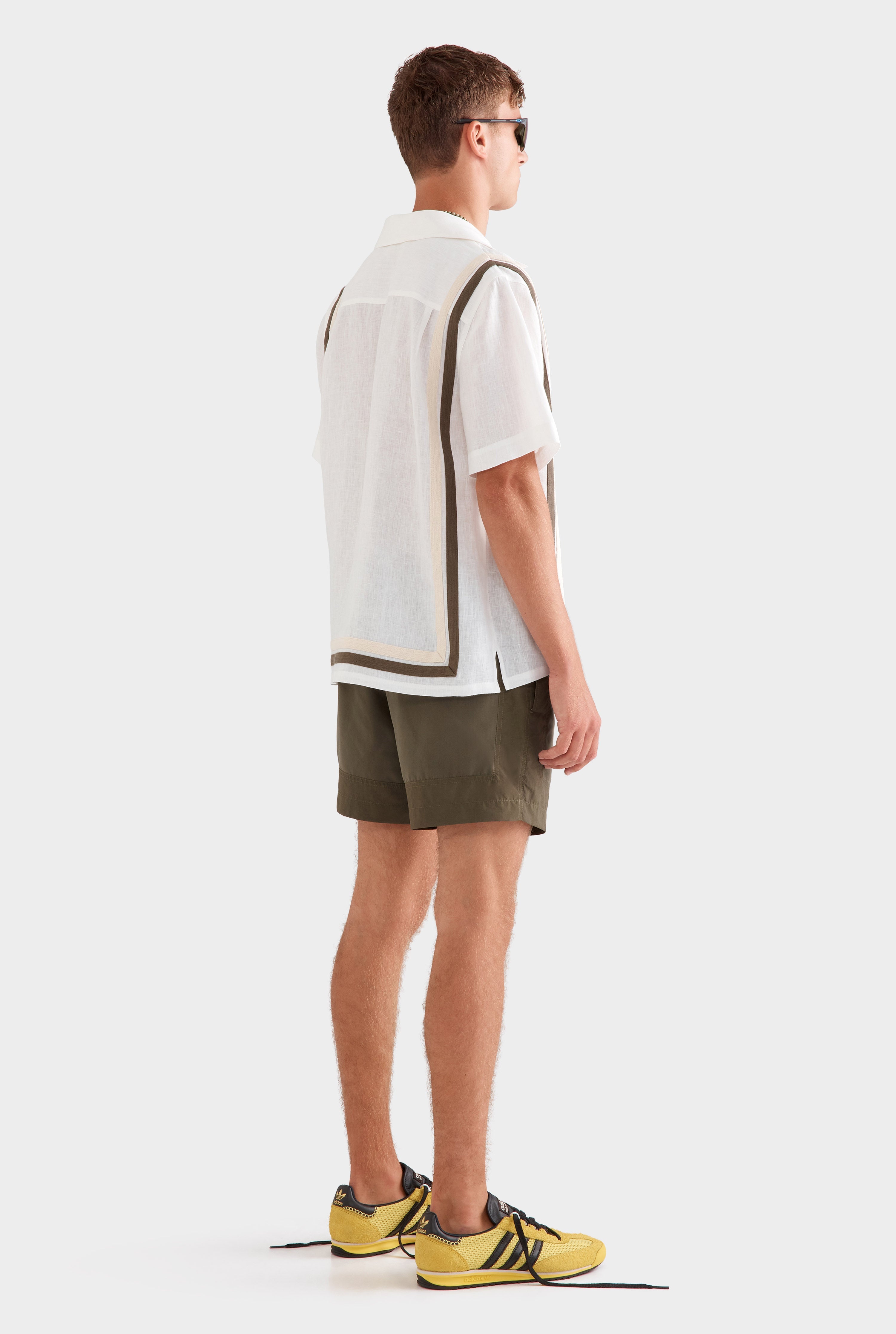 Crochet Border Short Sleeve Linen Camp Collar Shirt - White