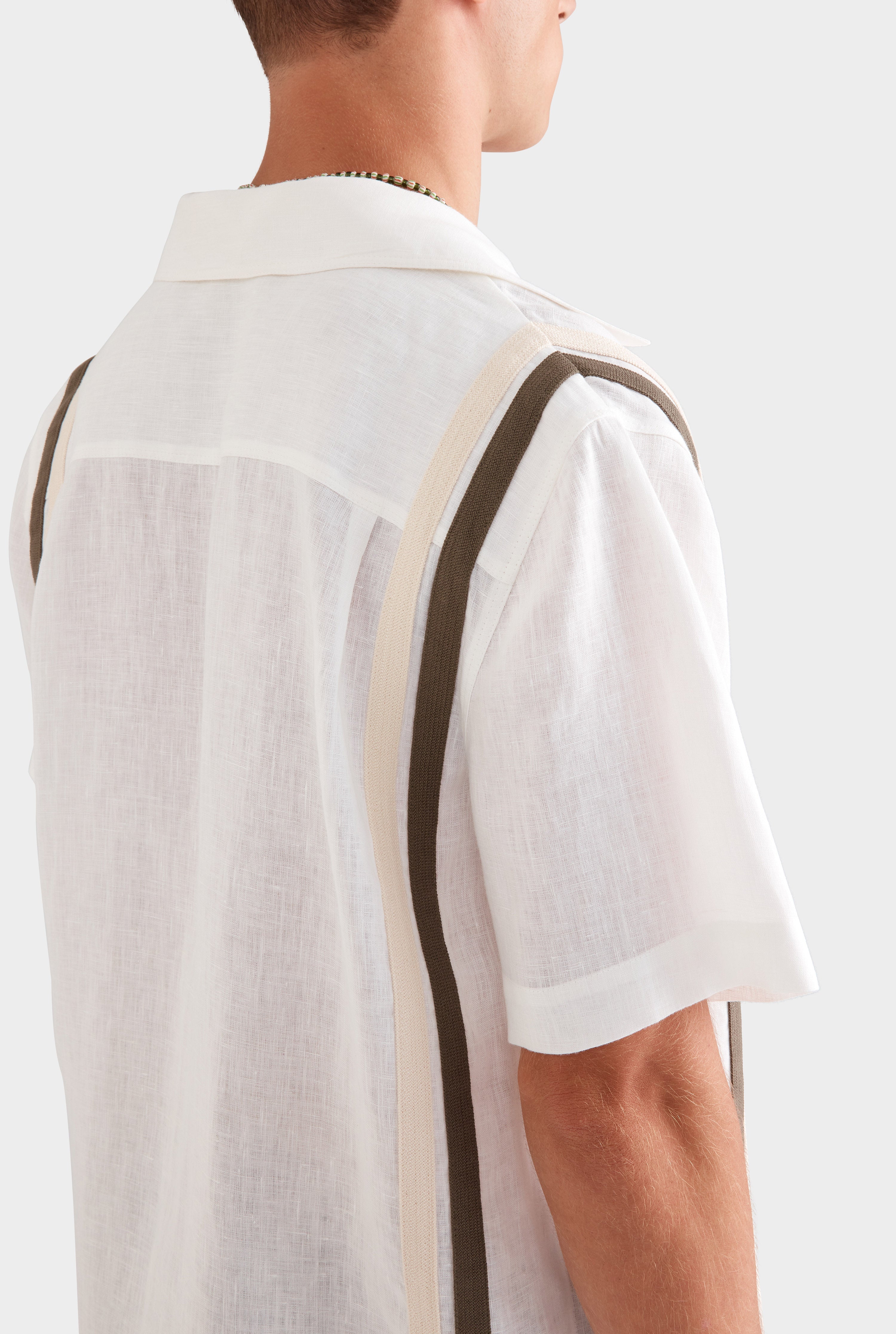 Crochet Border Short Sleeve Linen Camp Collar Shirt - White