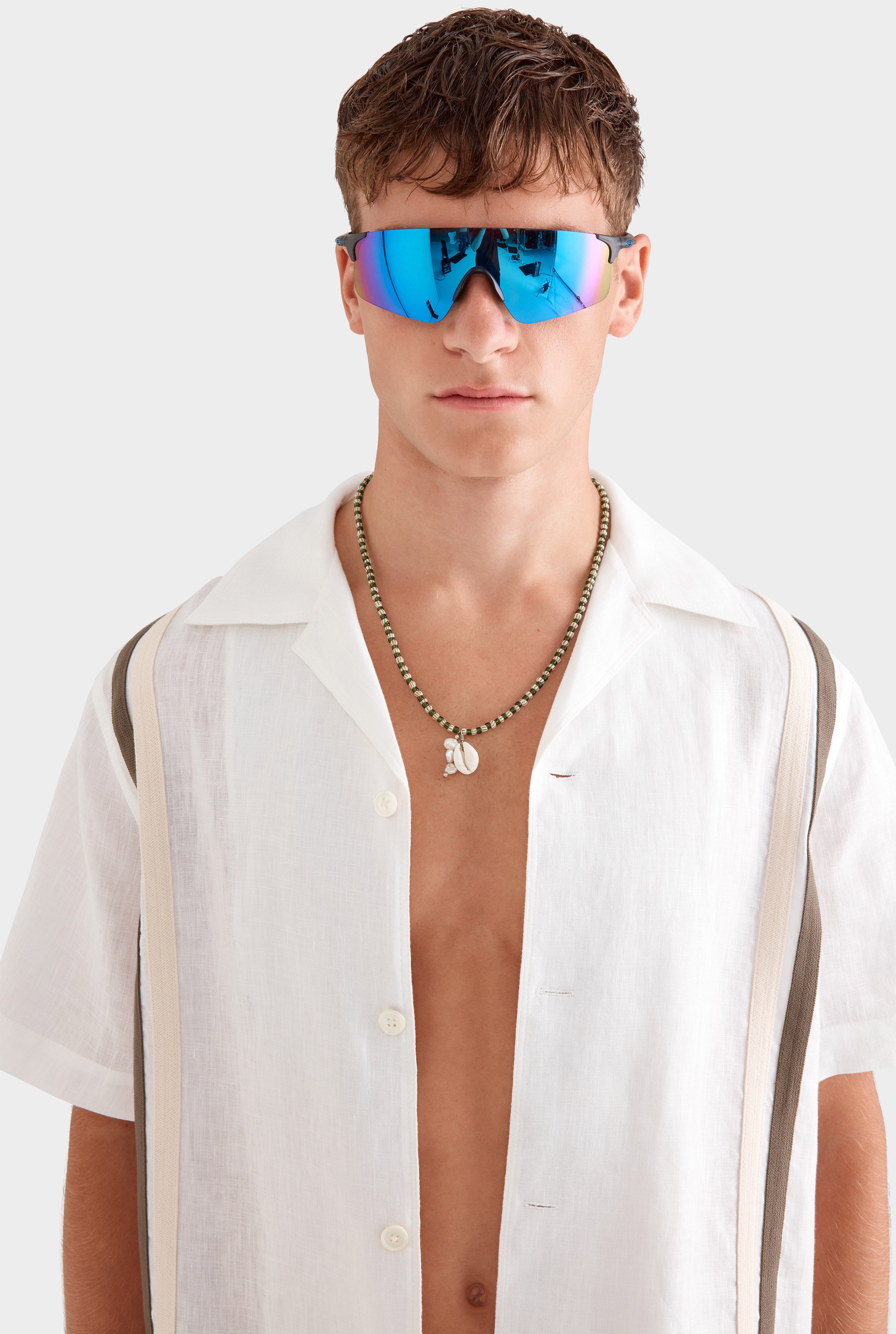 Crochet Border Short Sleeve Linen Camp Collar Shirt - White