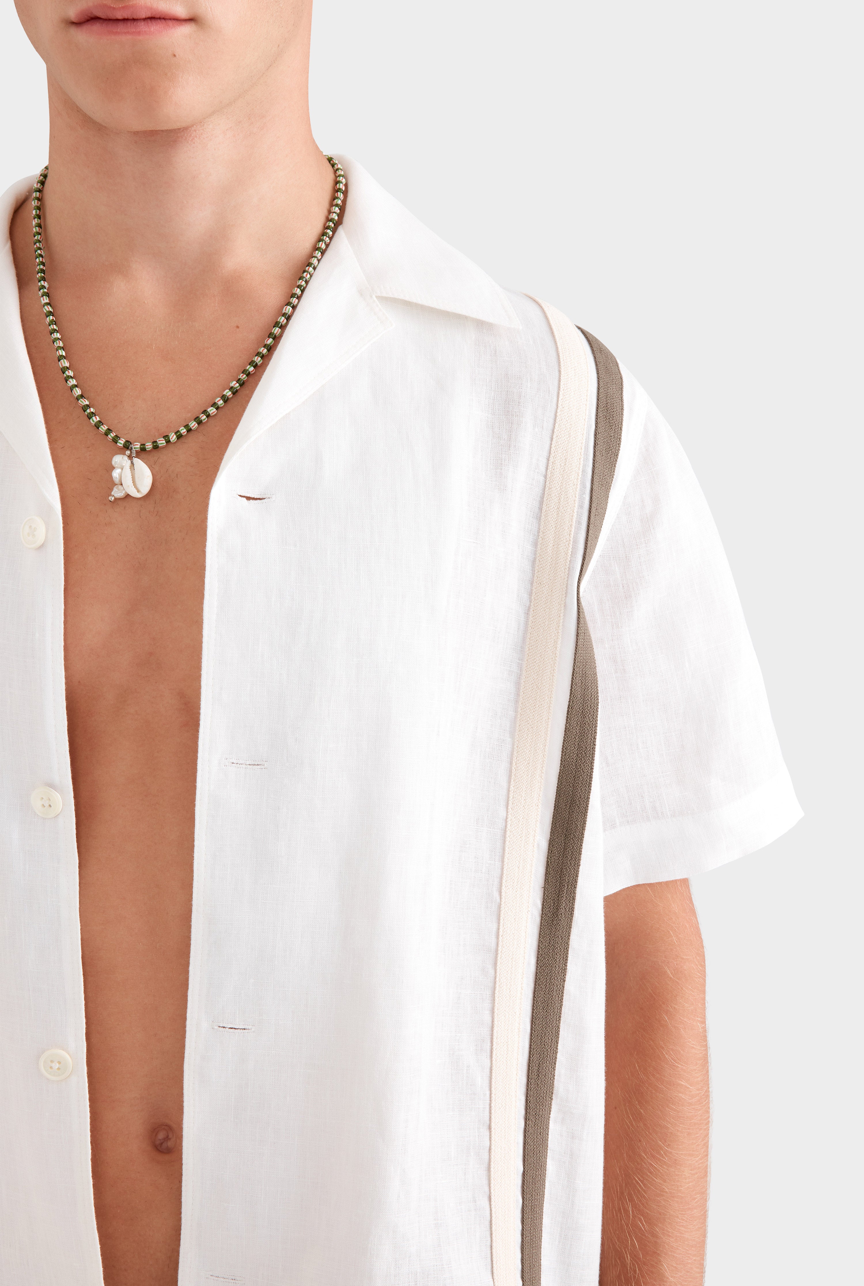 Crochet Border Short Sleeve Linen Camp Collar Shirt - White