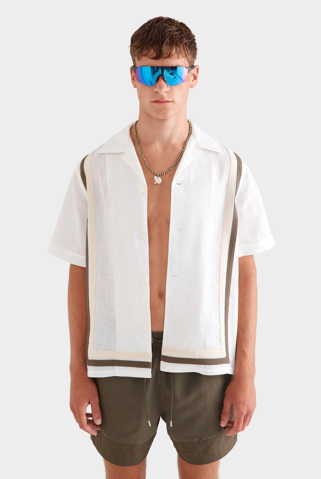 Crochet Border Short Sleeve Linen Camp Collar Shirt - White