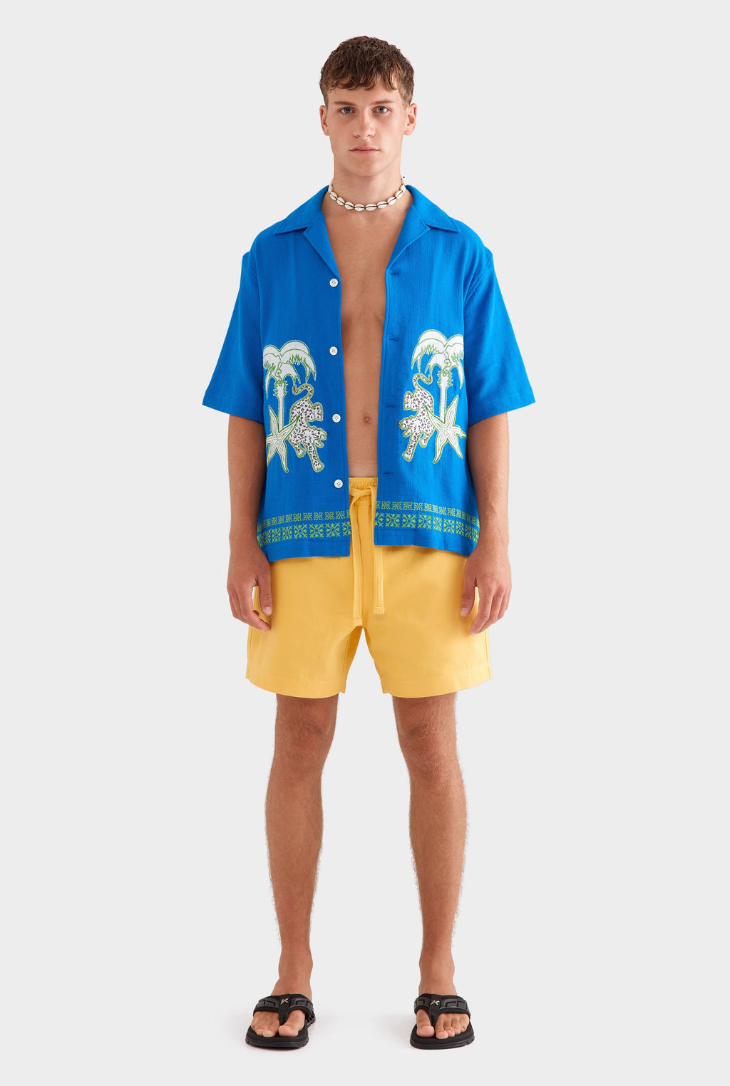 Embroidered Cotton Mesh Boxy Camp Collar Shirt - Cobalt Blue