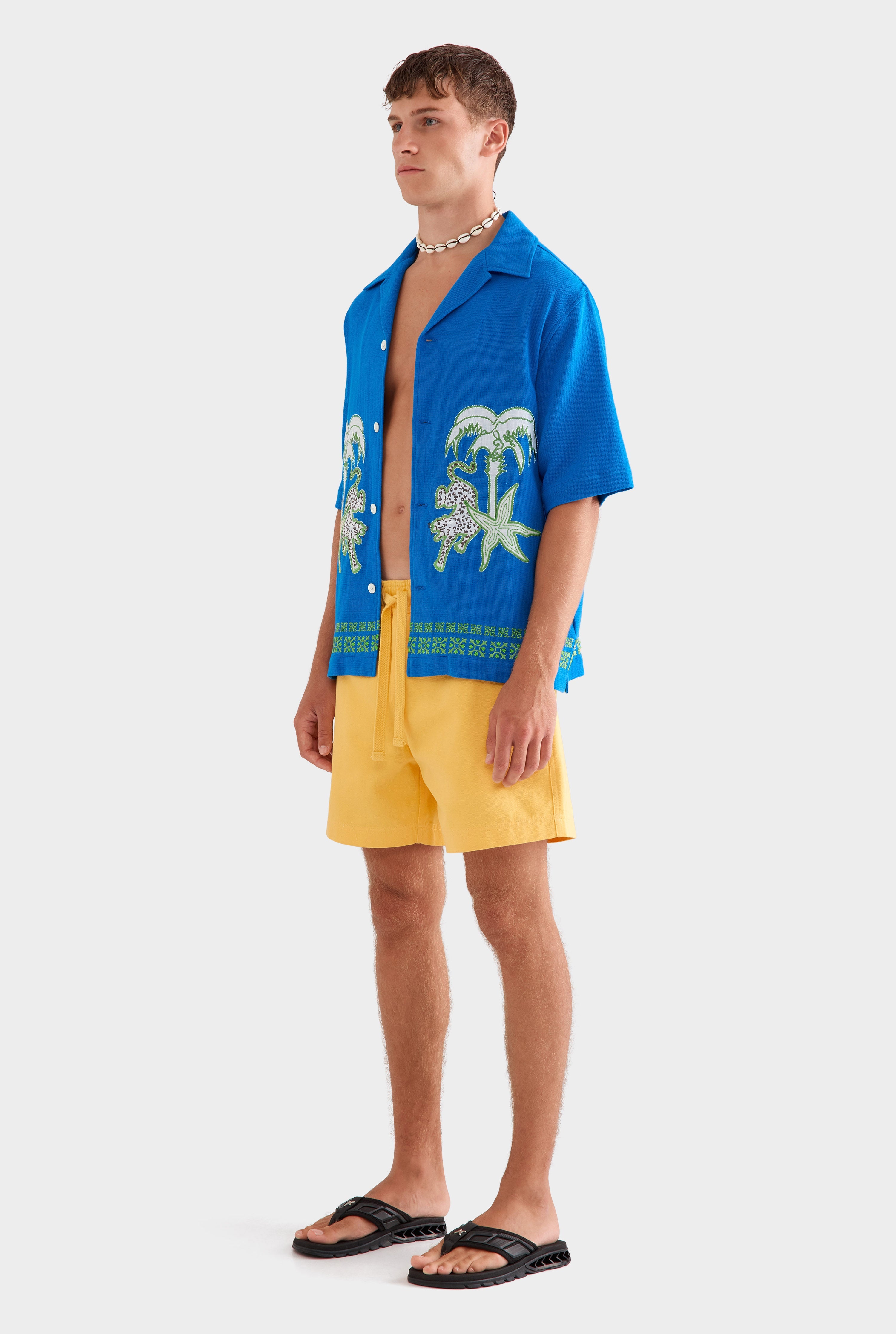 Embroidered Cotton Mesh Boxy Camp Collar Shirt - Cobalt Blue