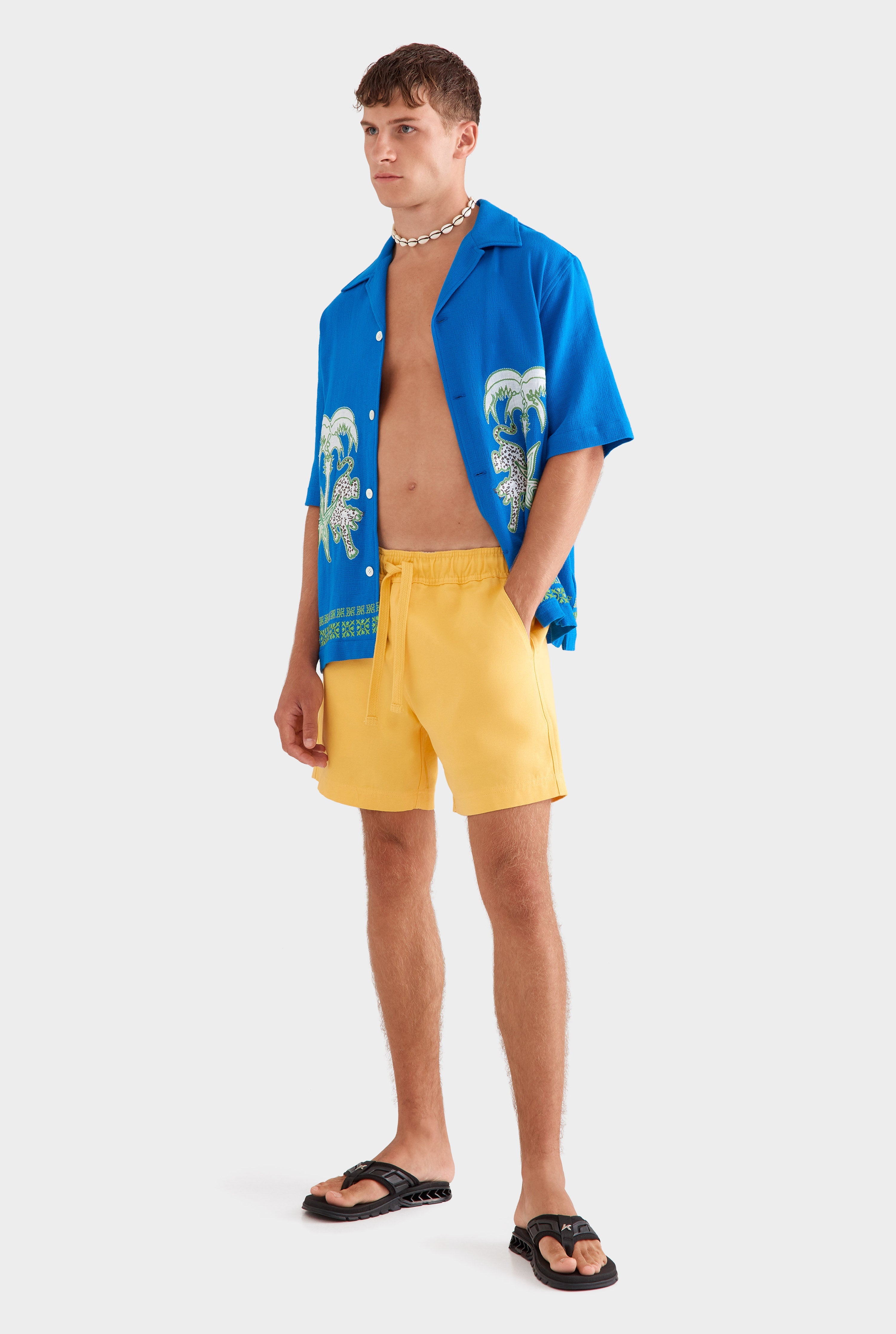 Embroidered Cotton Mesh Boxy Camp Collar Shirt - Cobalt Blue