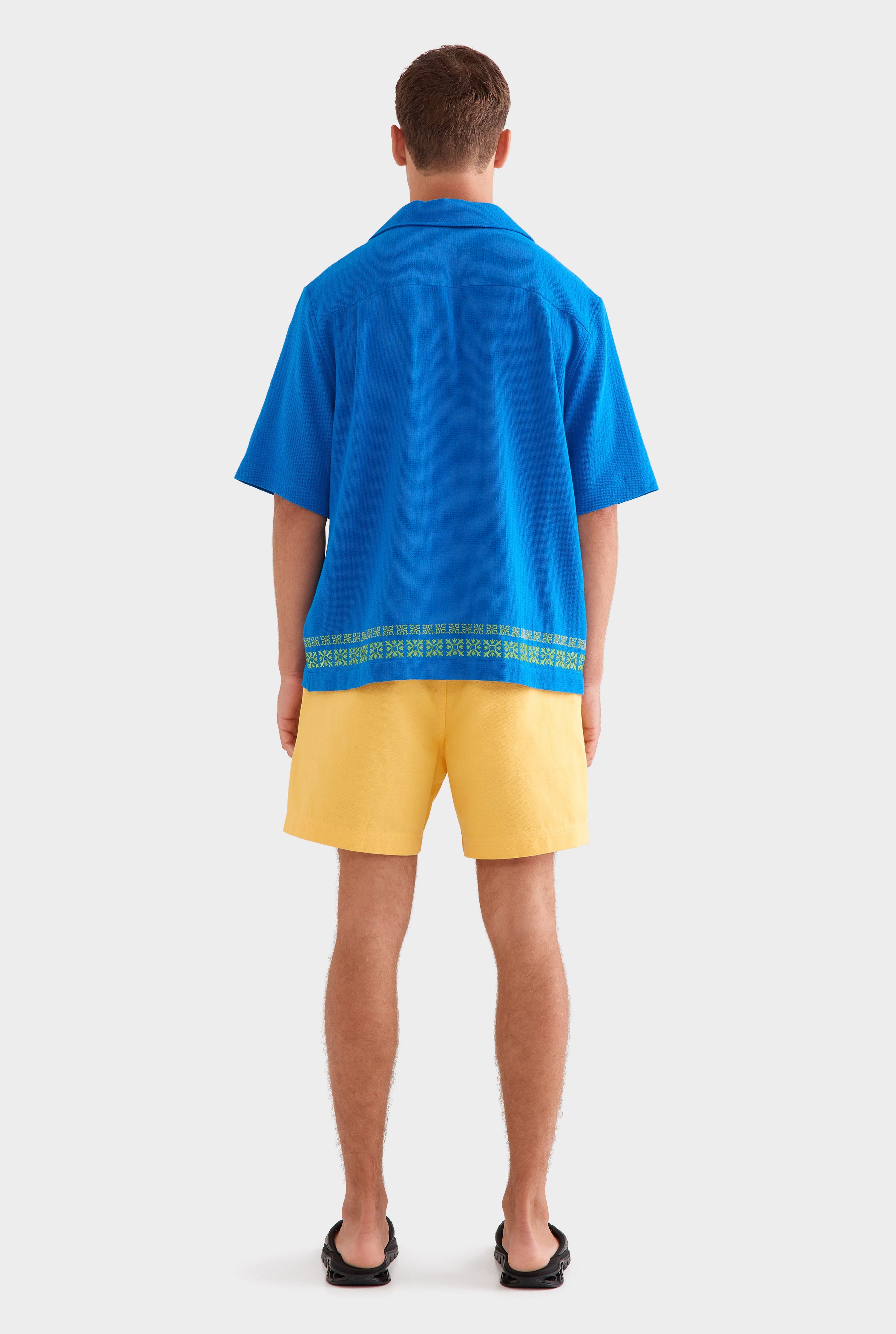 Embroidered Cotton Mesh Boxy Camp Collar Shirt - Cobalt Blue
