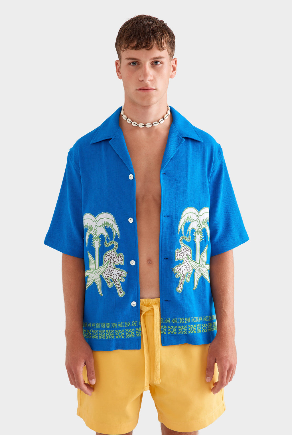 Embroidered Cotton Mesh Boxy Camp Collar Shirt - Cobalt Blue
