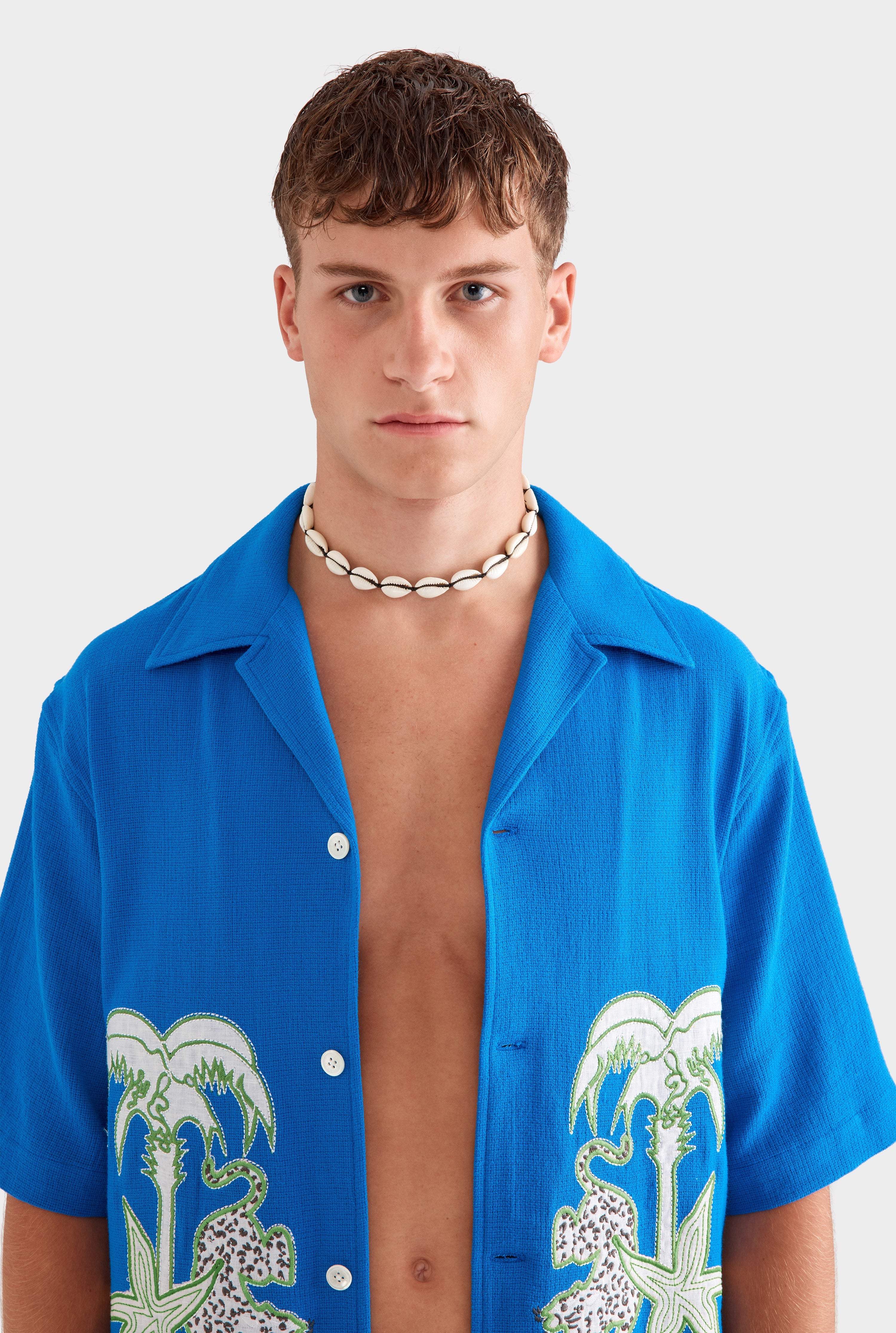 Embroidered Cotton Mesh Boxy Camp Collar Shirt - Cobalt Blue