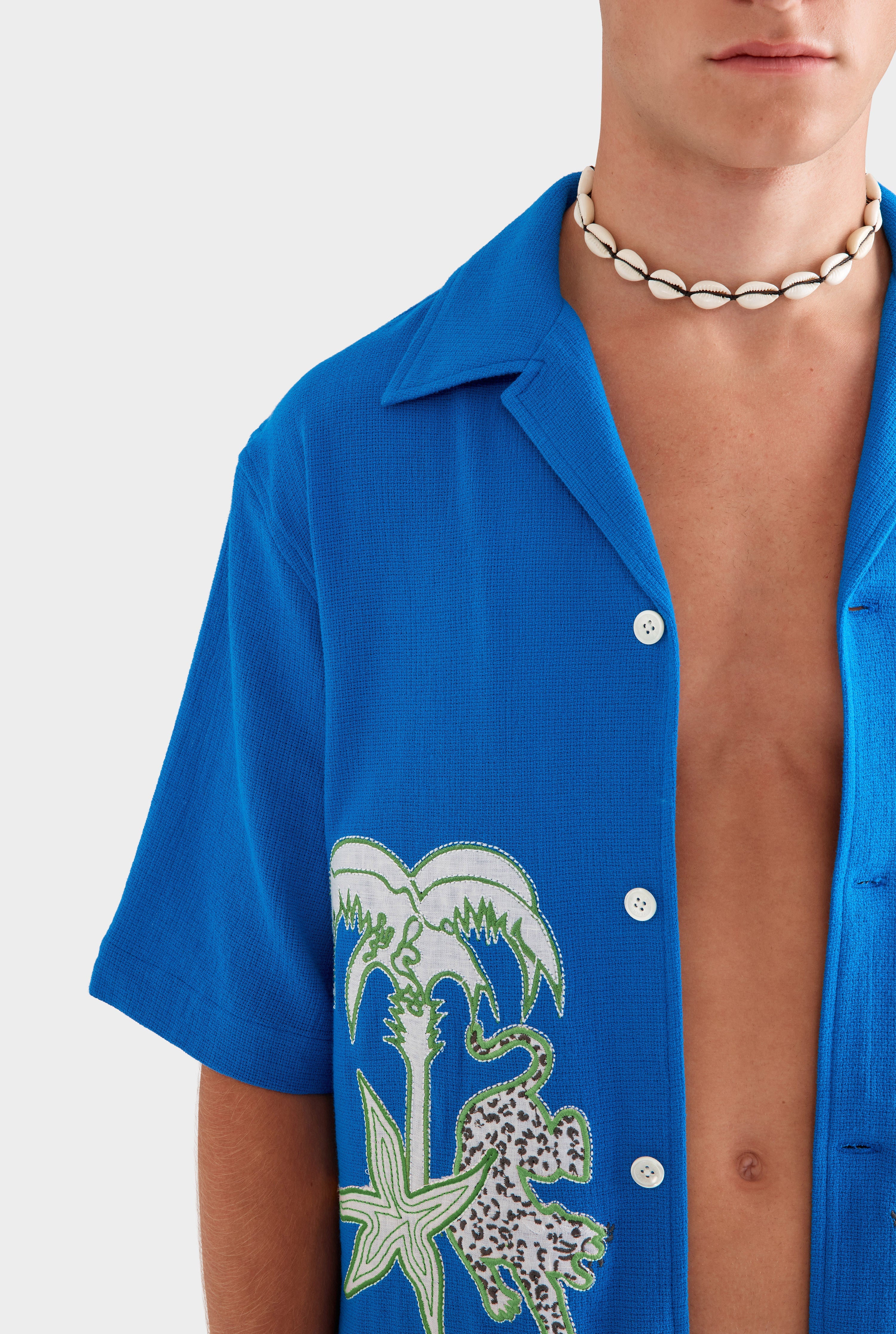 Embroidered Cotton Mesh Boxy Camp Collar Shirt - Cobalt Blue
