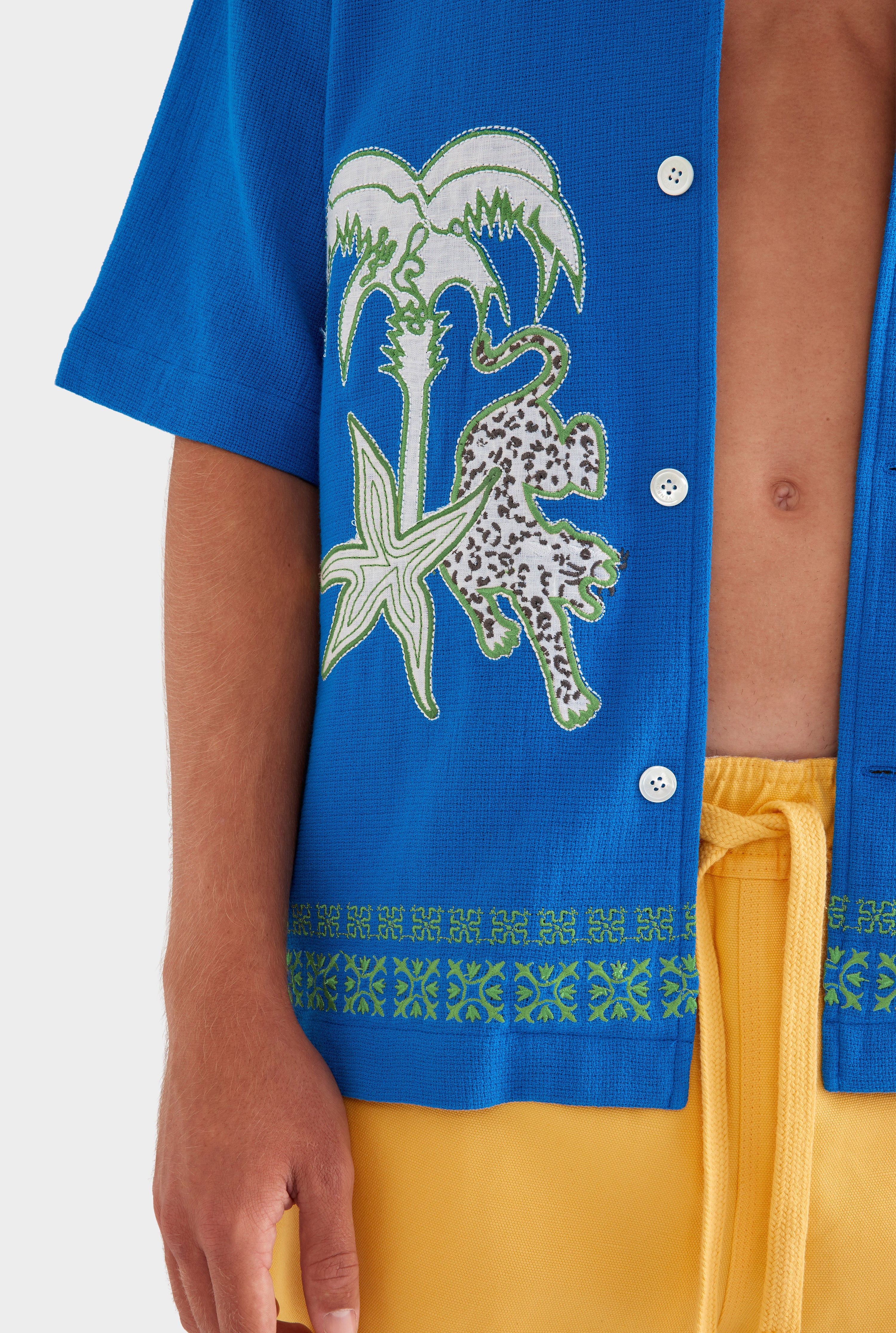 Embroidered Cotton Mesh Boxy Camp Collar Shirt - Cobalt Blue