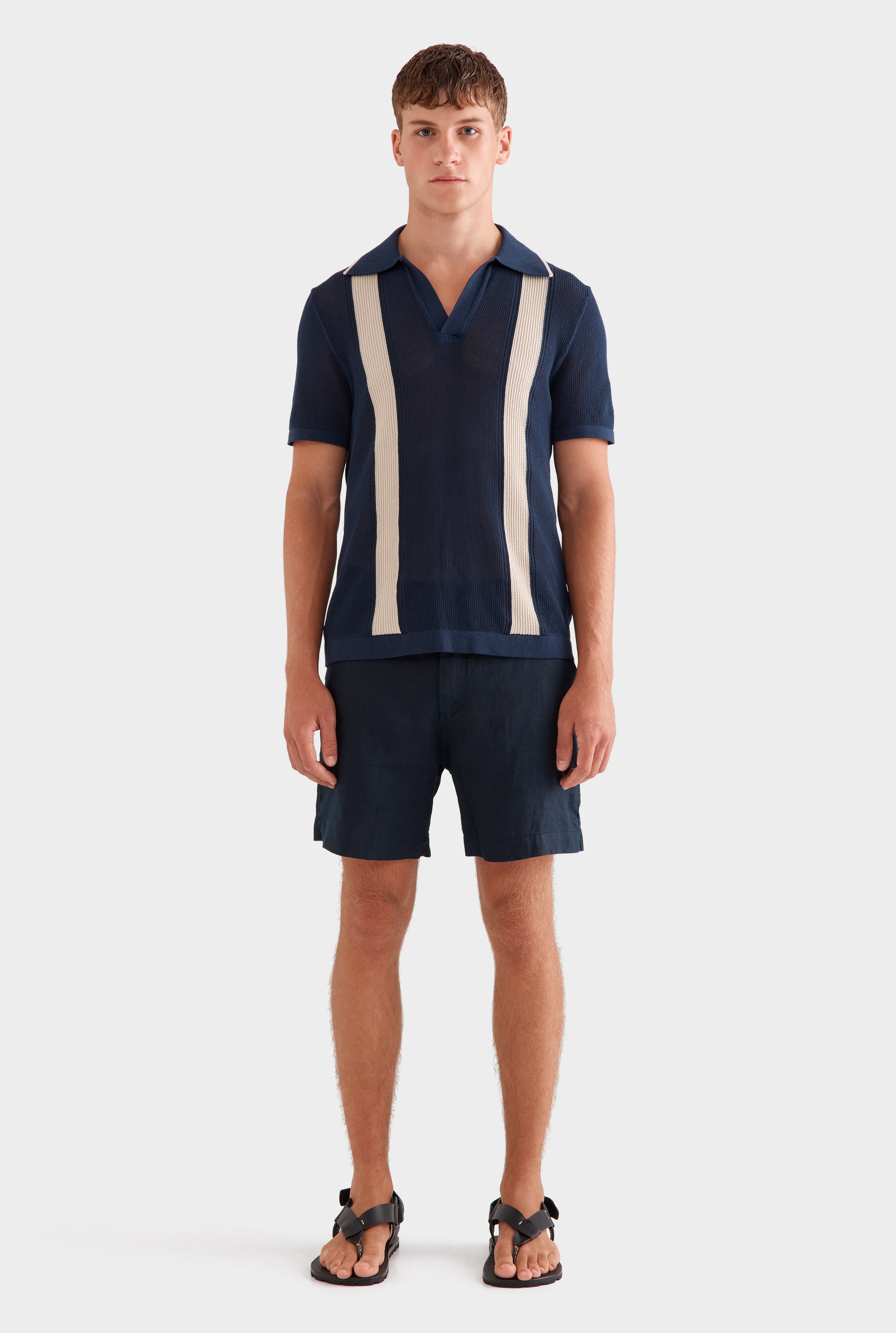 Knitted Cotton Pique Open Neck Polo - Navy/Taupe