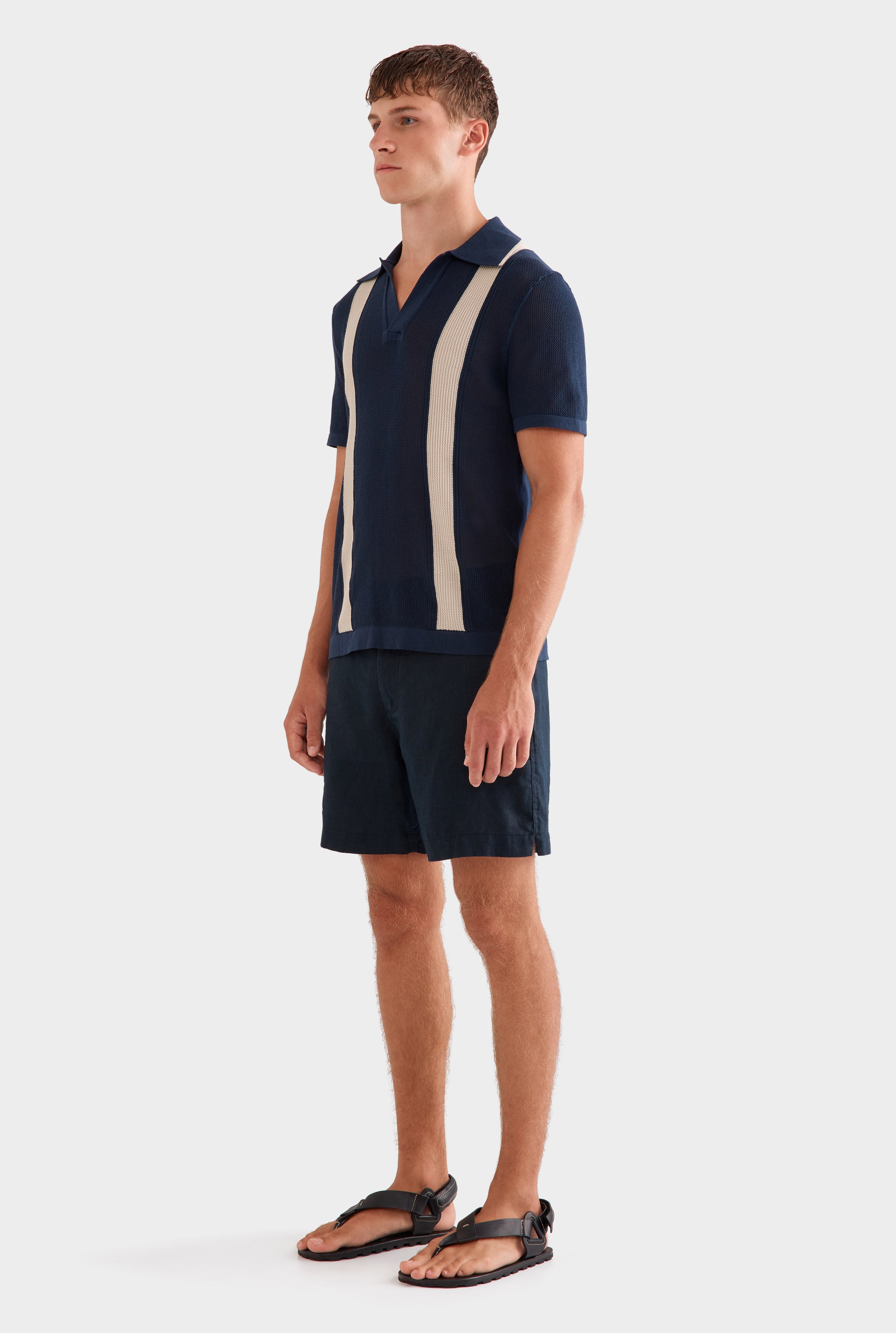 Knitted Cotton Pique Open Neck Polo - Navy/Taupe