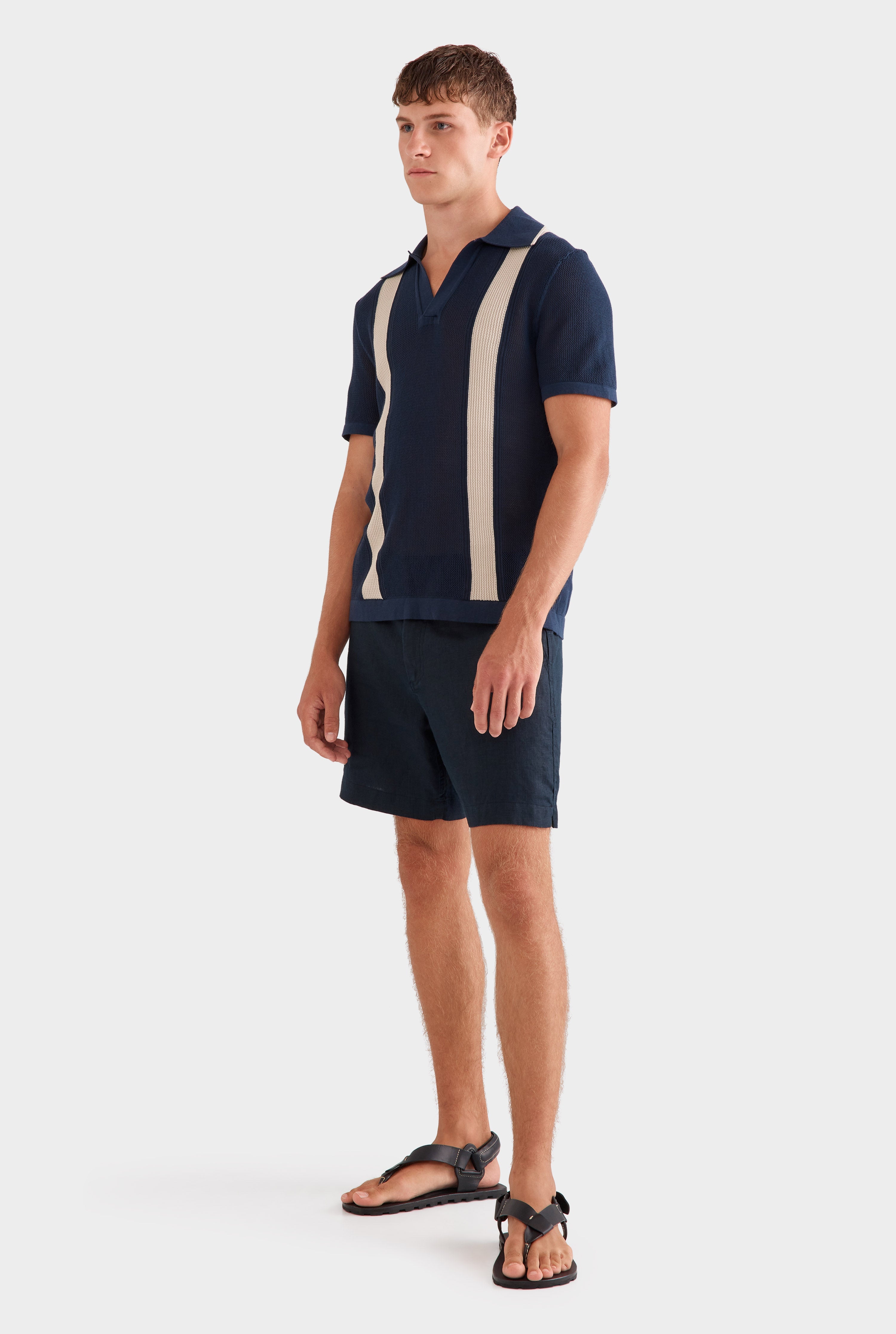 Knitted Cotton Pique Open Neck Polo - Navy/Taupe