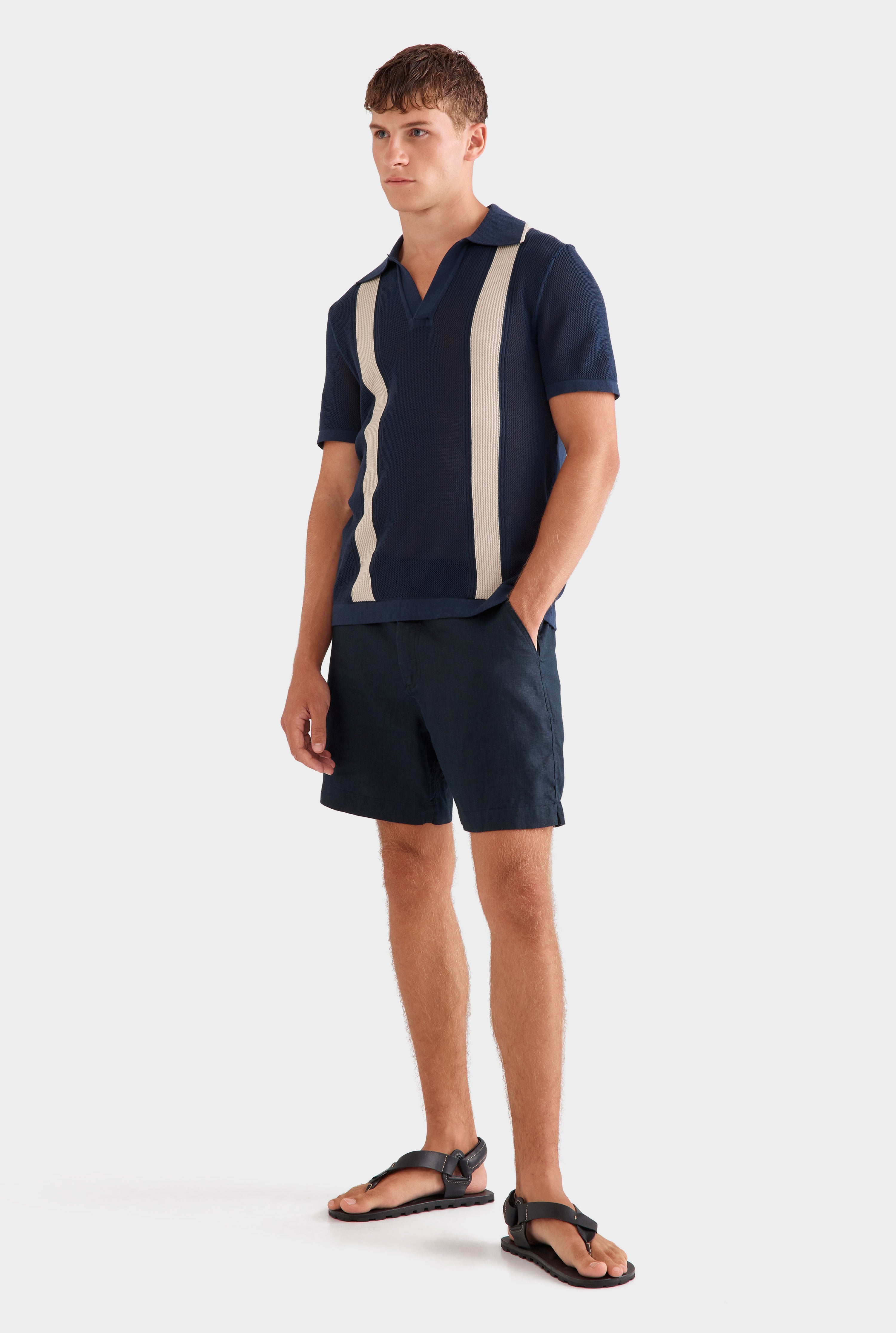 Knitted Cotton Pique Open Neck Polo - Navy/Taupe