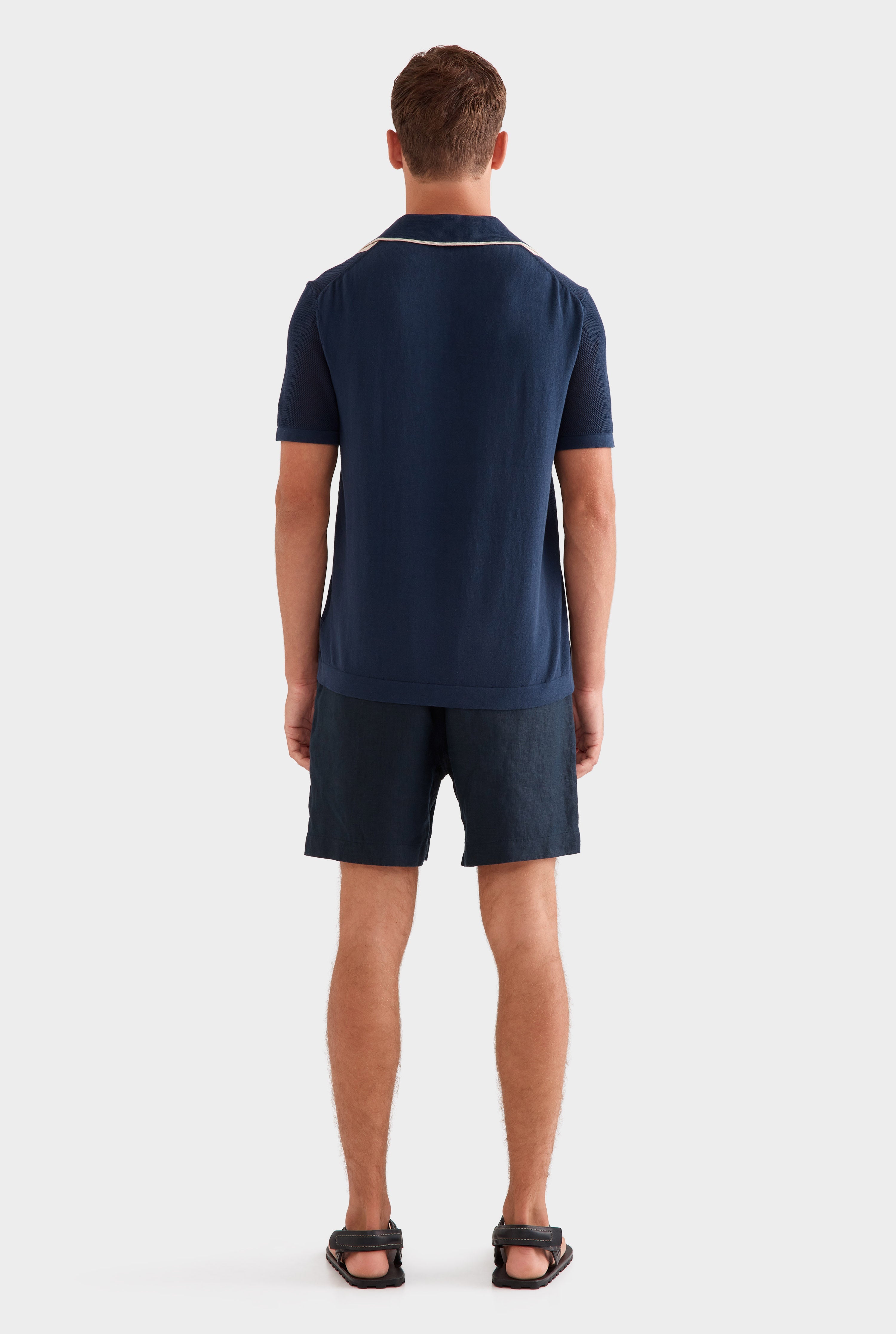Knitted Cotton Pique Open Neck Polo - Navy/Taupe