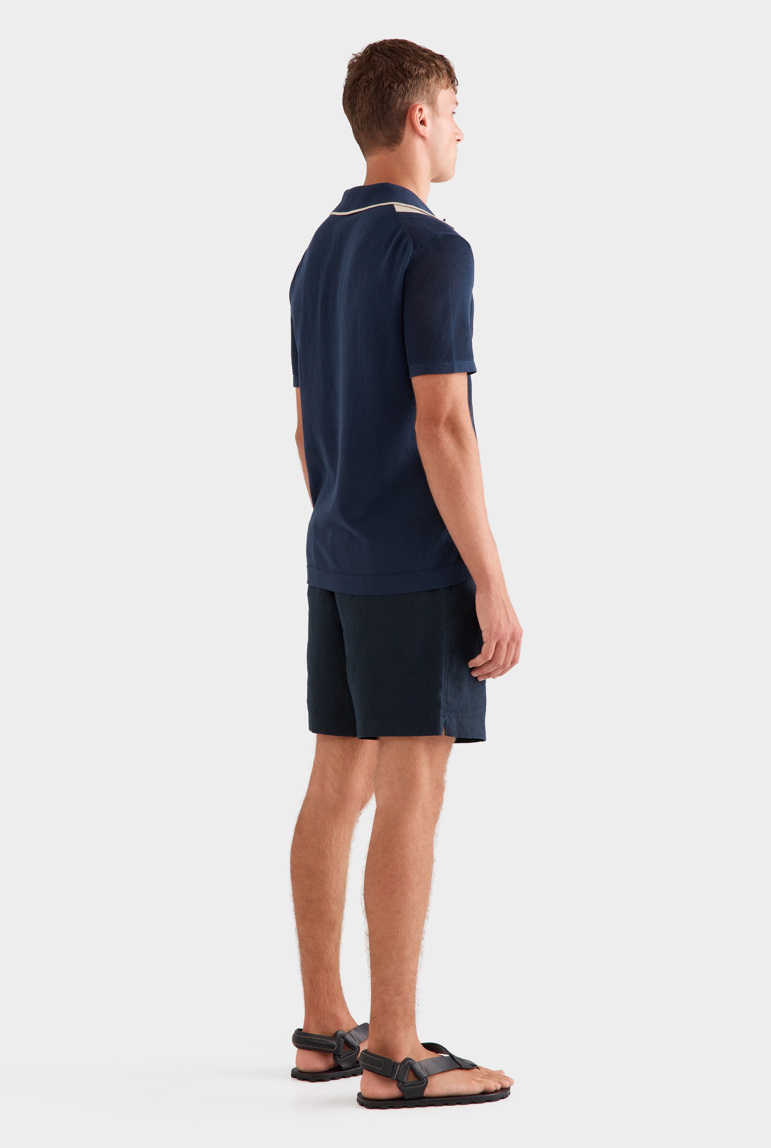 Knitted Cotton Pique Open Neck Polo - Navy/Taupe