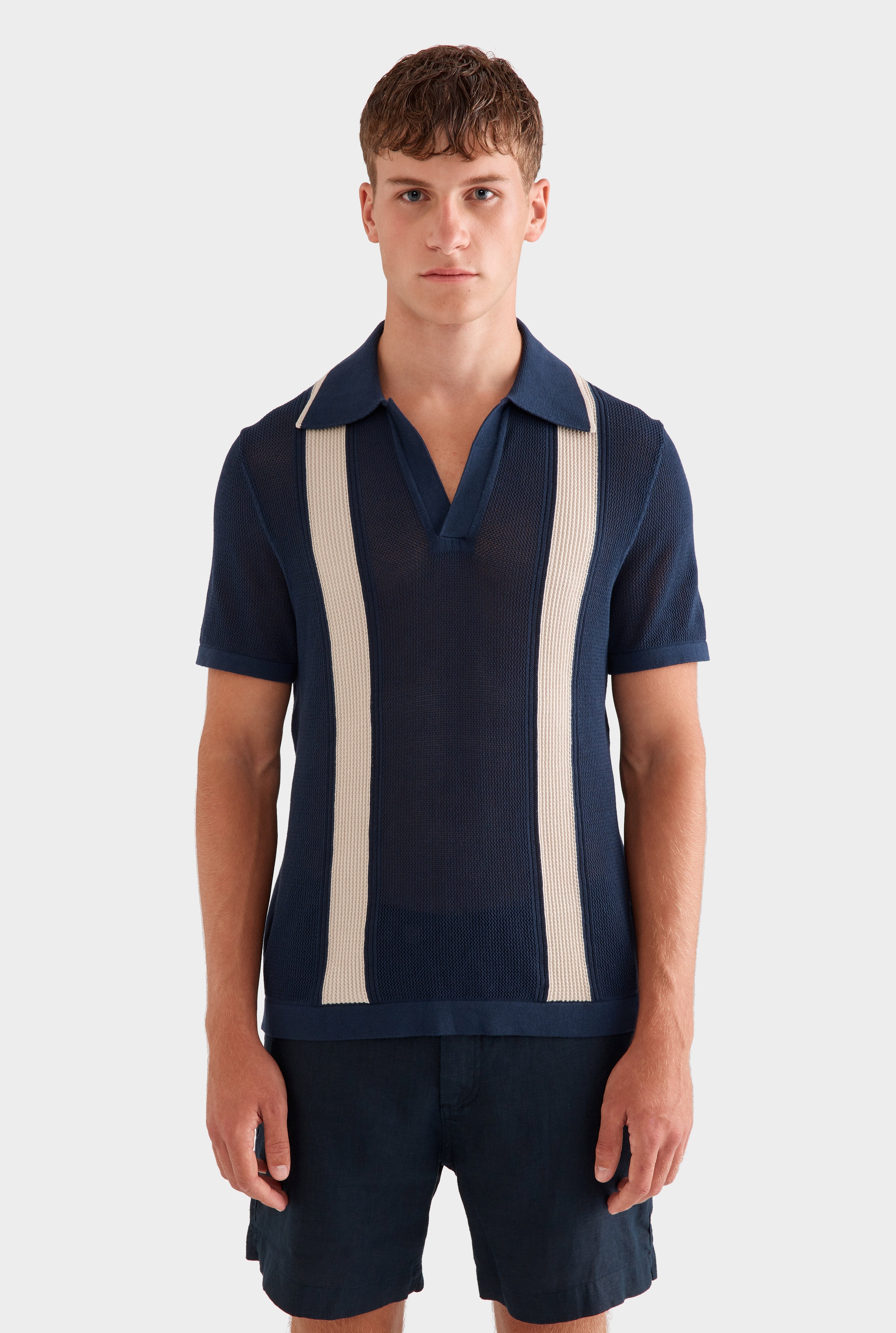 Knitted Cotton Pique Open Neck Polo - Navy/Taupe