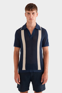 Knitted Cotton Pique Open Neck Polo - Navy/Taupe