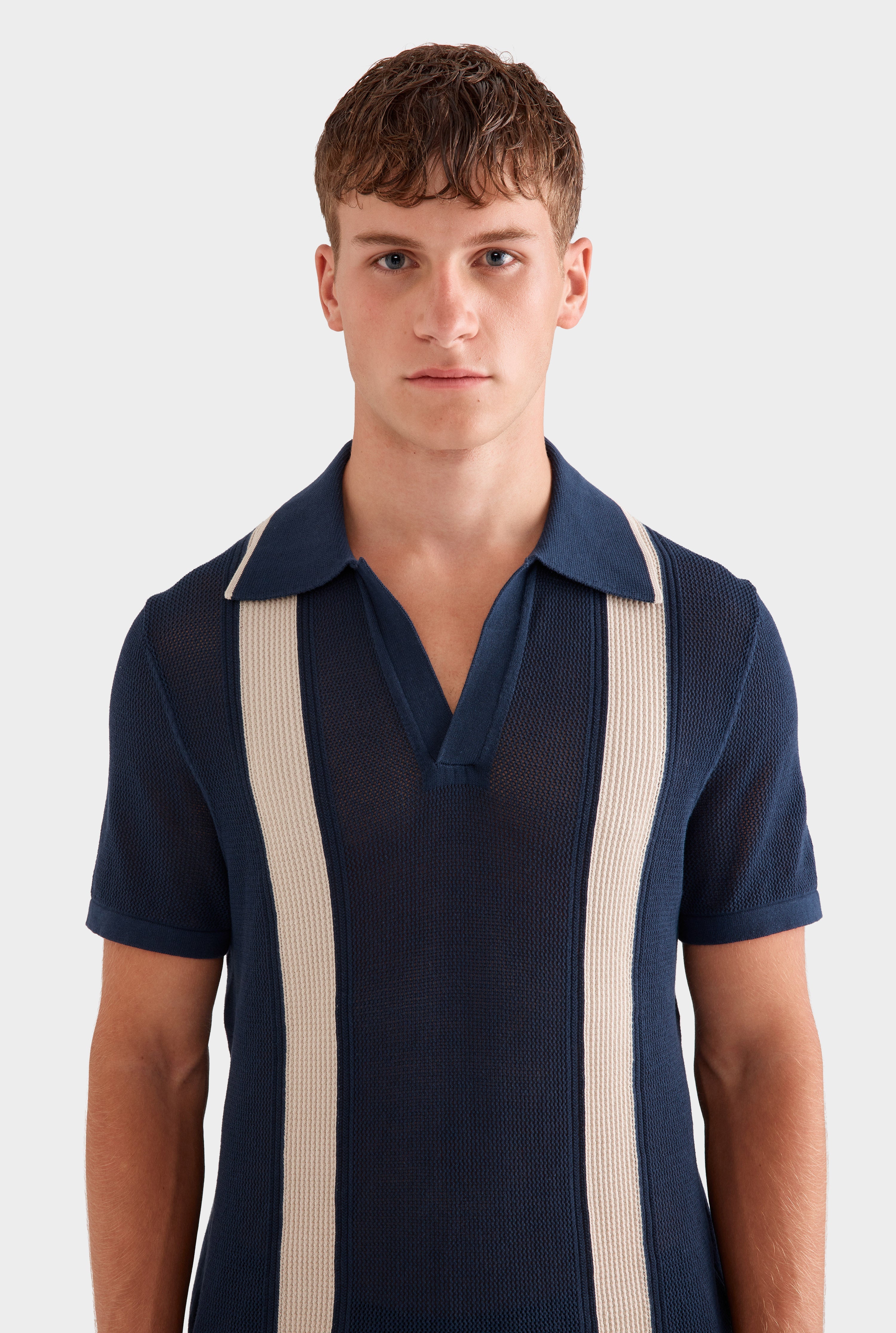 Knitted Cotton Pique Open Neck Polo - Navy/Taupe