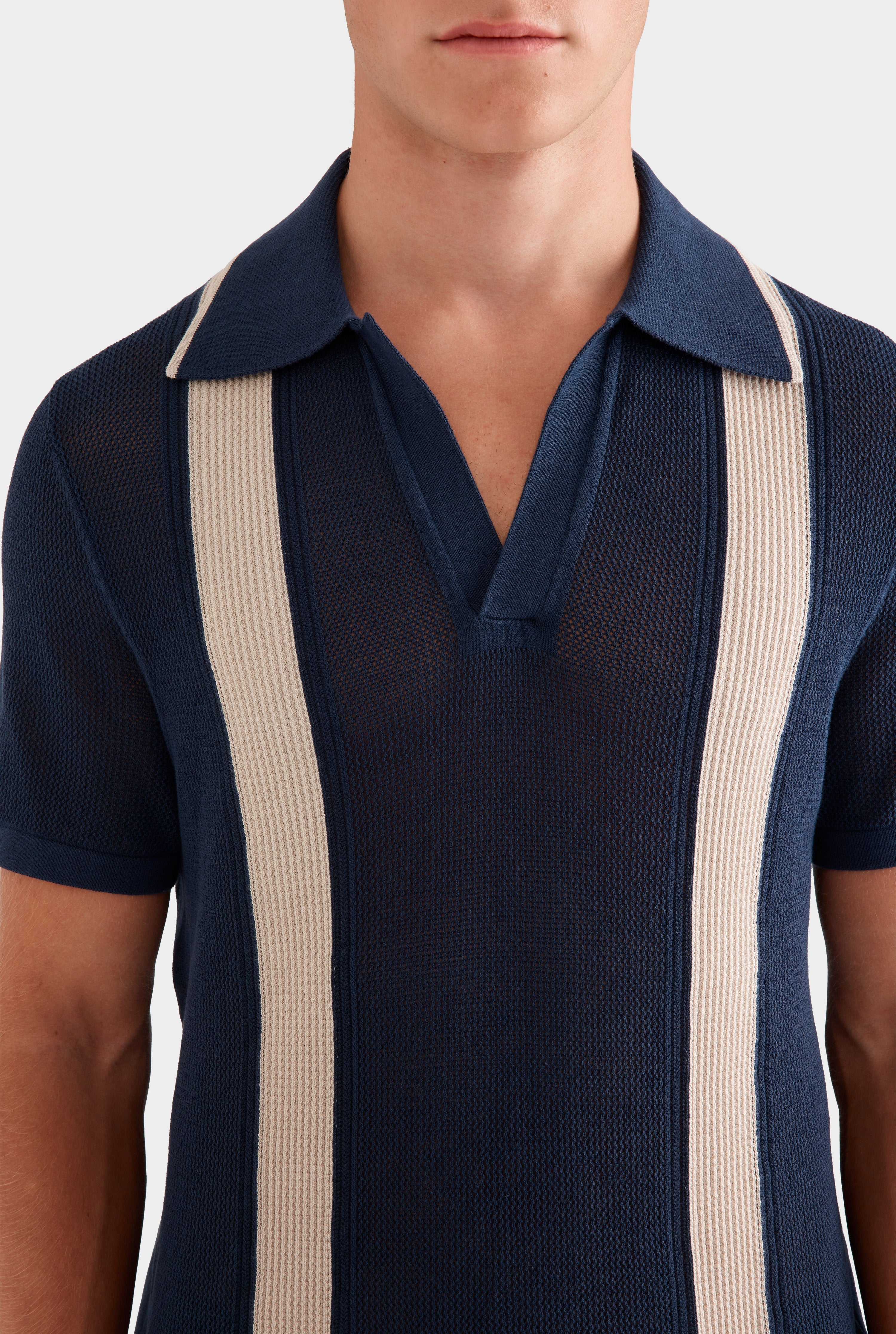 Knitted Cotton Pique Open Neck Polo - Navy/Taupe