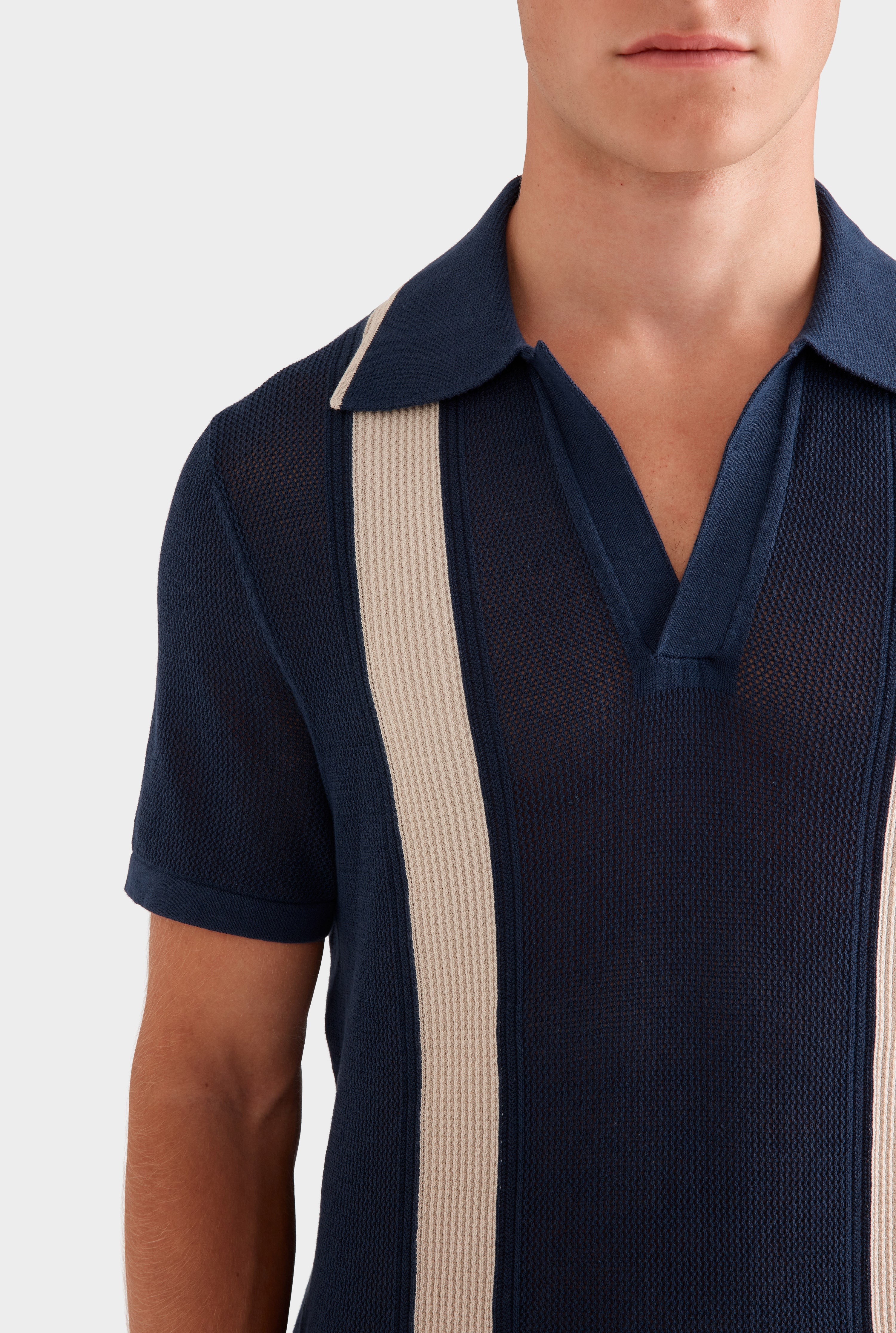 Knitted Cotton Pique Open Neck Polo - Navy/Taupe