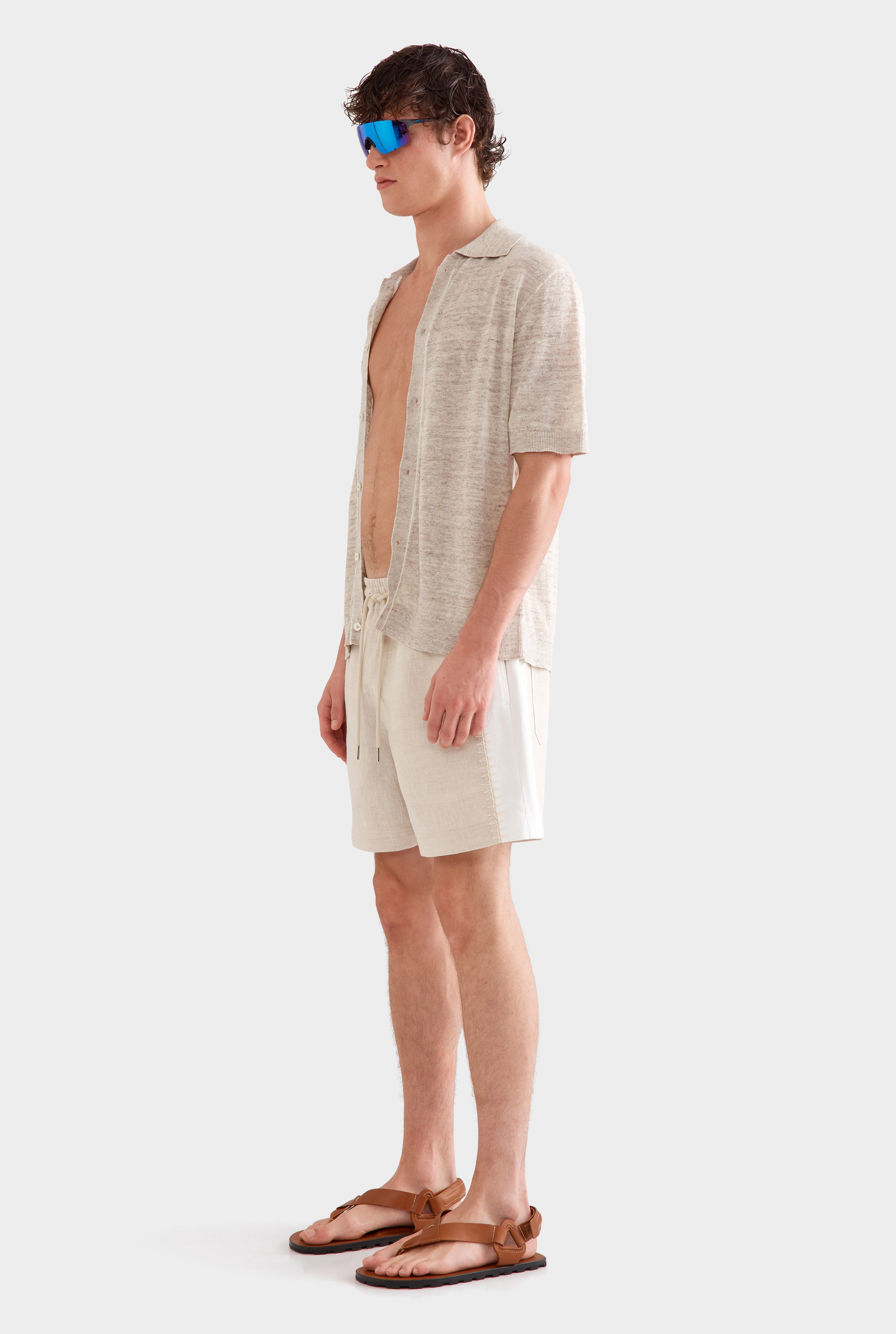 Knitted Linen Contrast Trim Shirt - Vanilla Marl