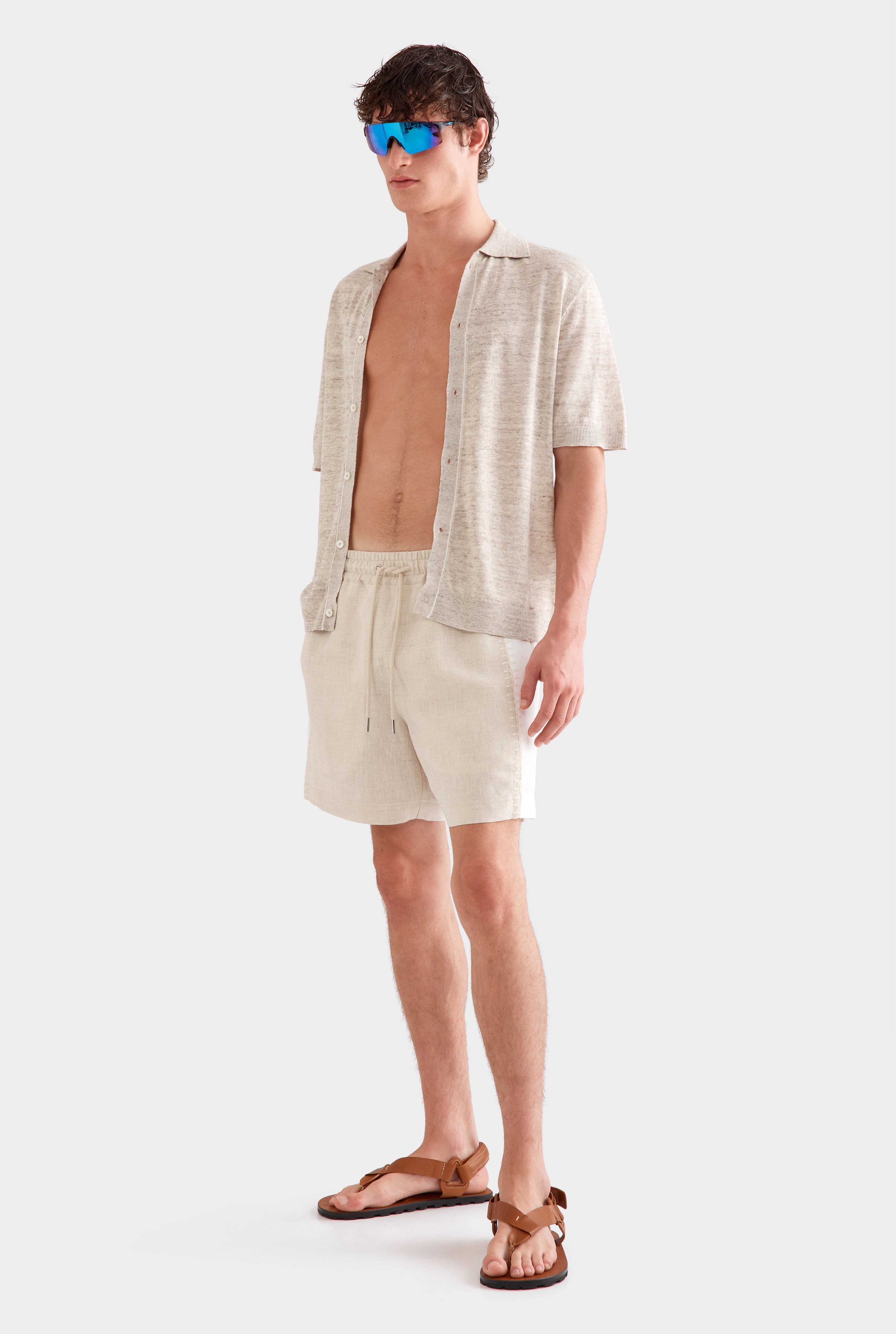 Knitted Linen Contrast Trim Shirt - Vanilla Marl