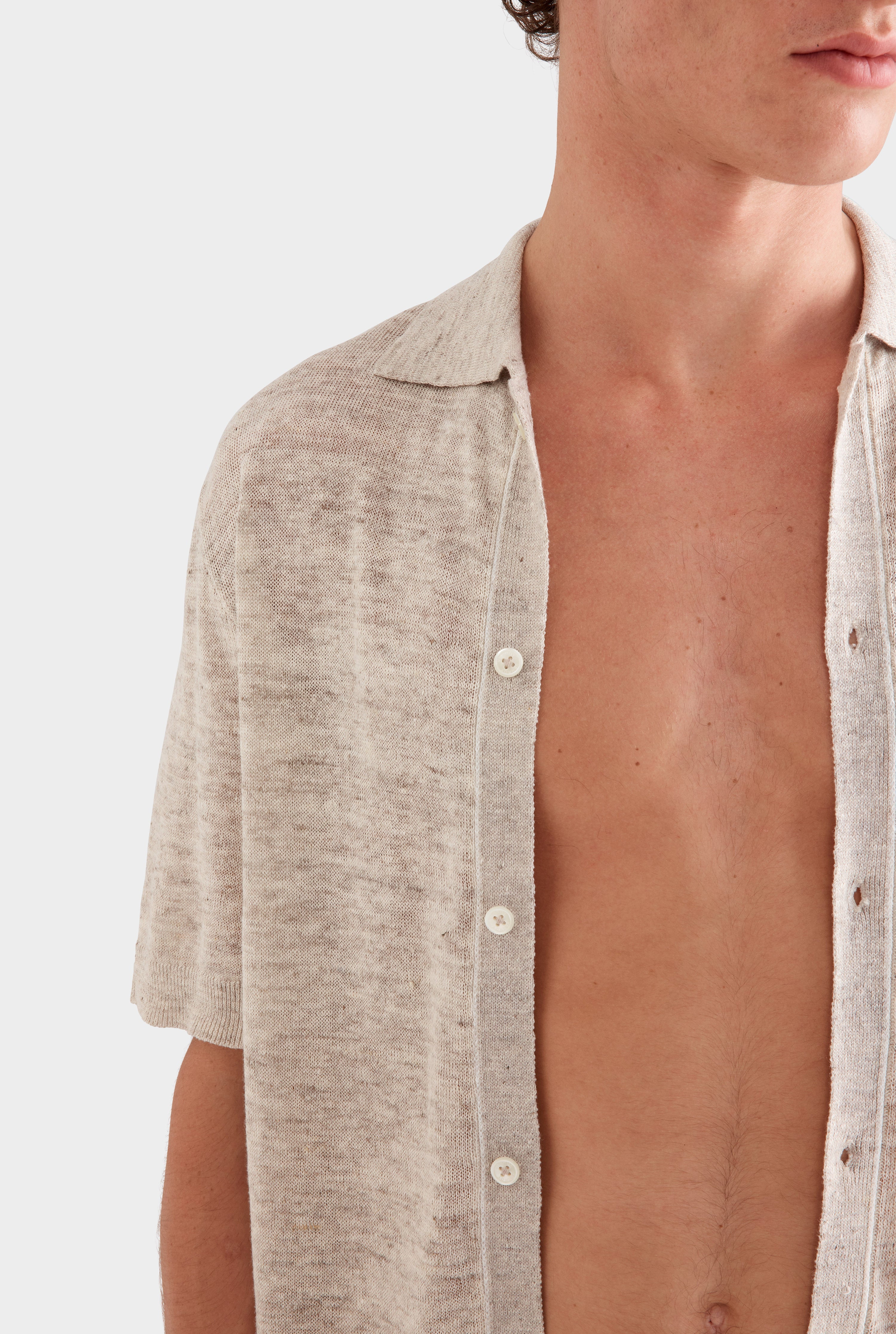 Knitted Linen Contrast Trim Shirt - Vanilla Marl