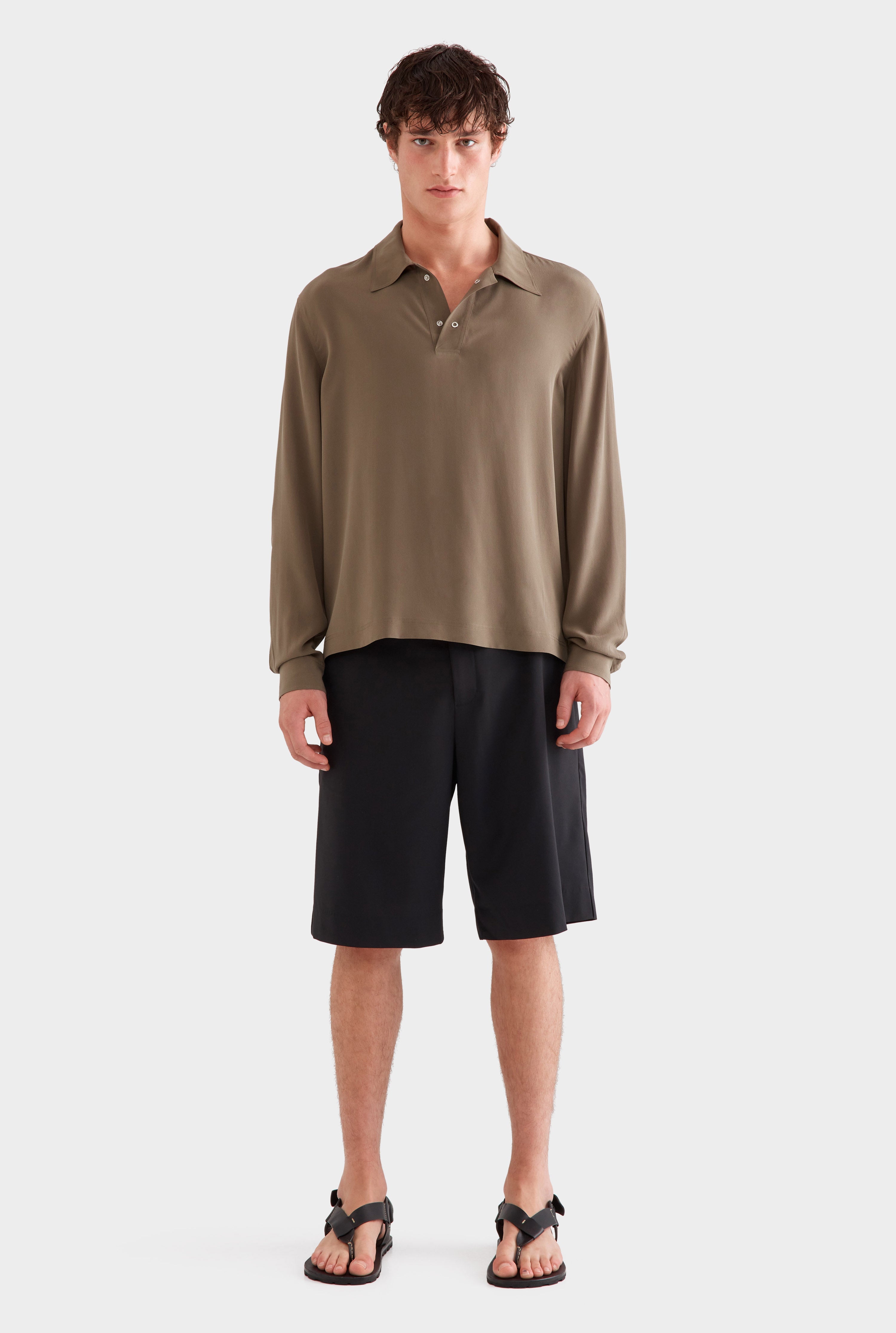Long Sleeve Silk Boxy Pop Over - Olive