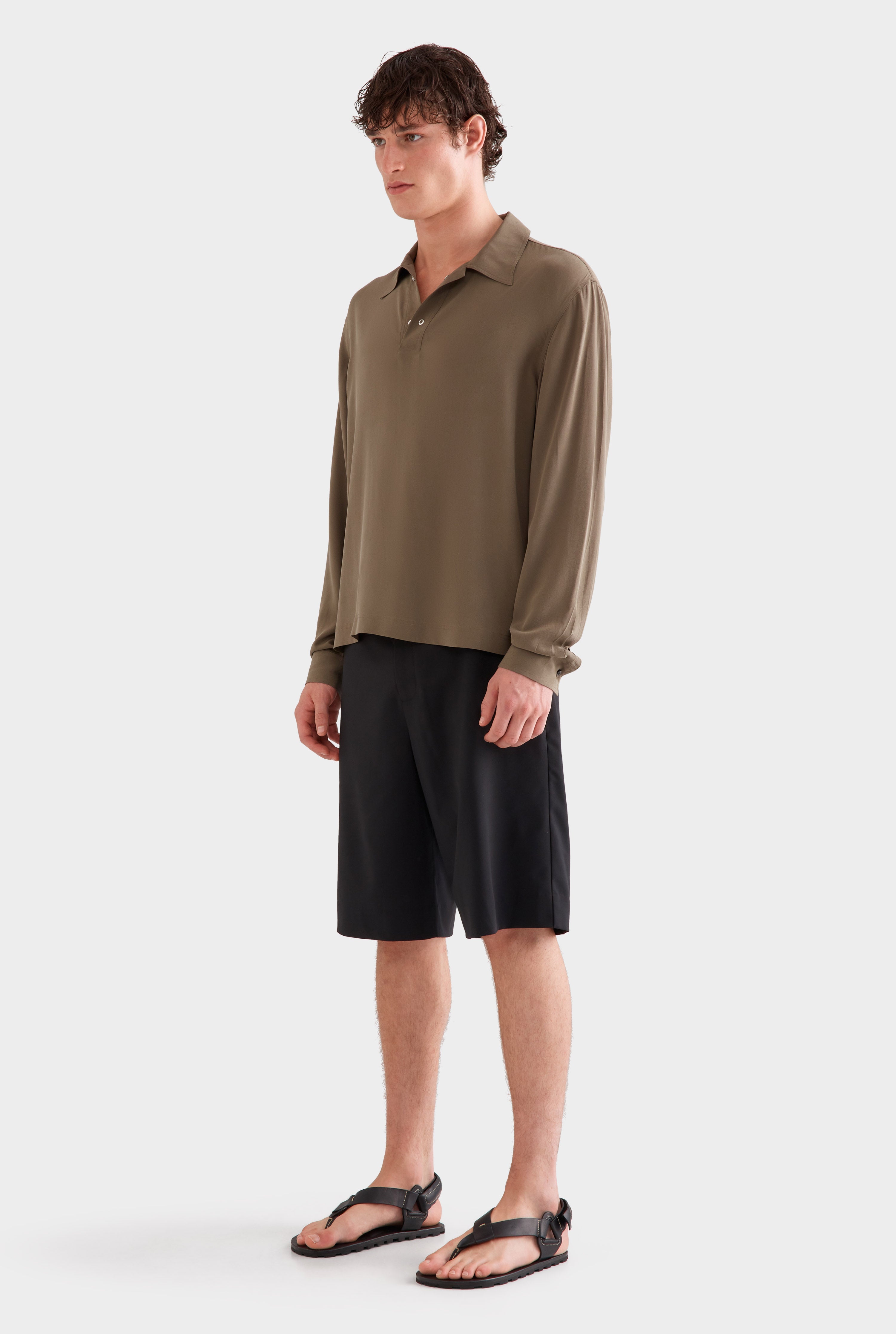 Long Sleeve Silk Boxy Pop Over - Olive