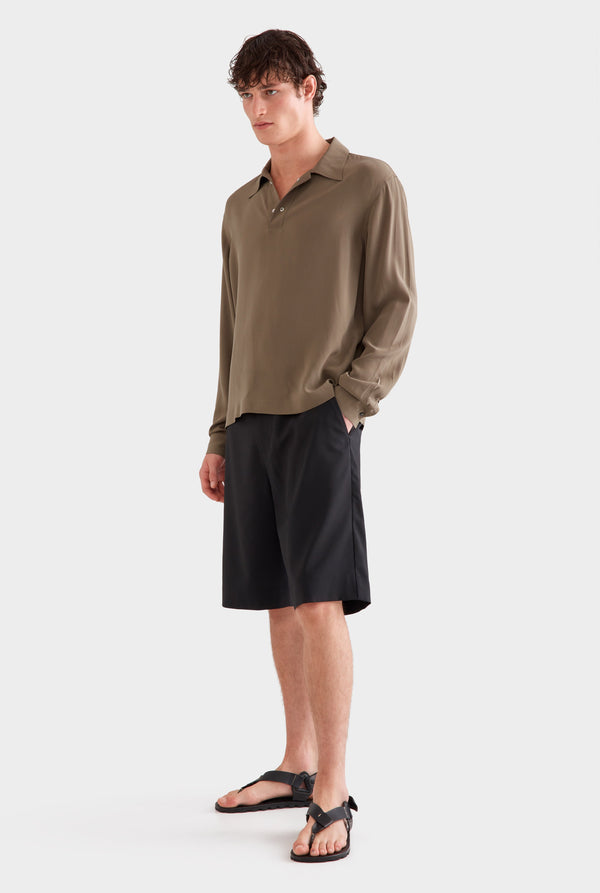 Long Sleeve Silk Boxy Pop Over - Olive