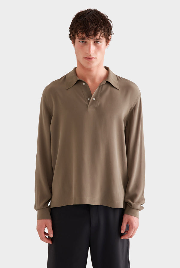 Long Sleeve Silk Boxy Pop Over - Olive