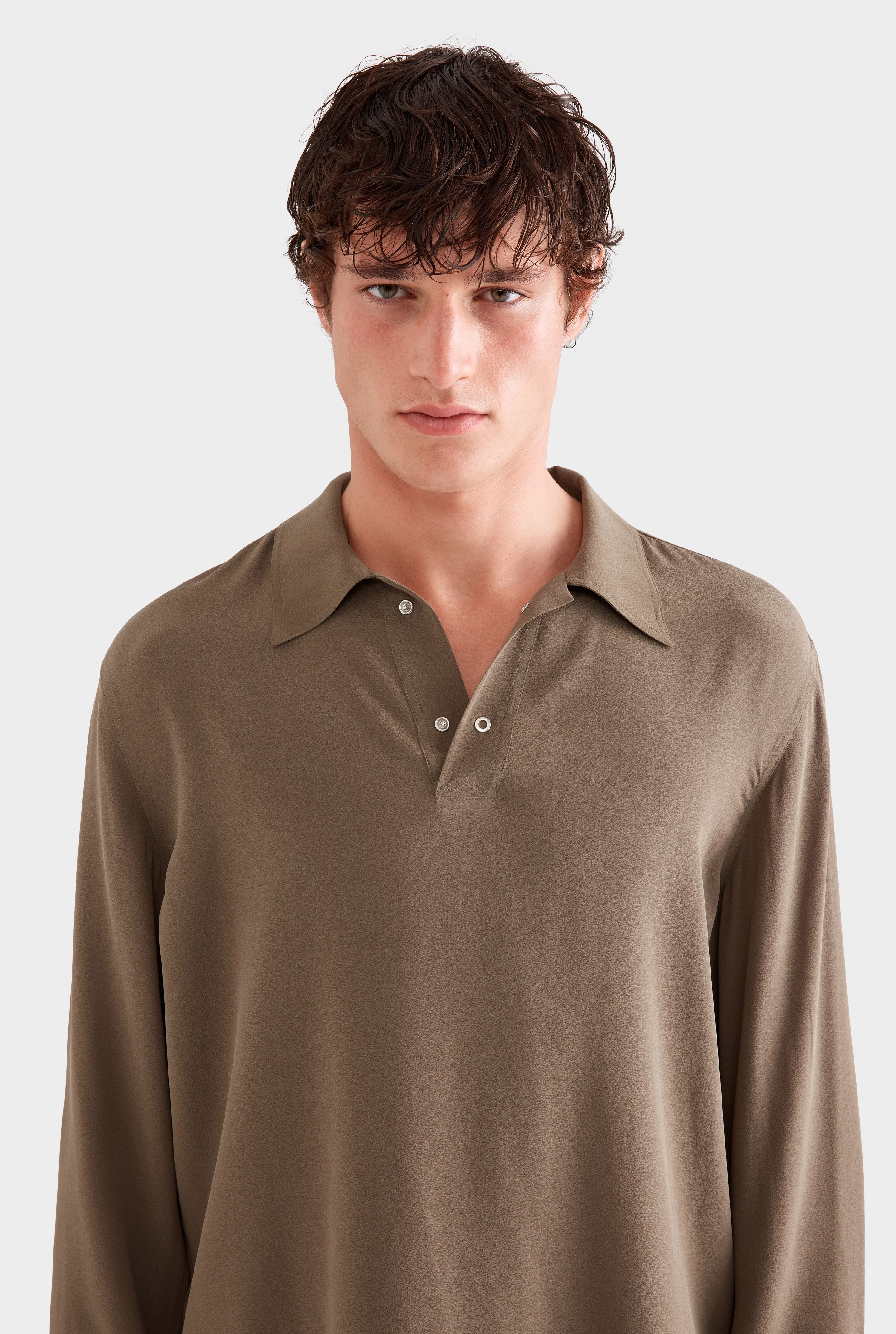 Long Sleeve Silk Boxy Pop Over - Olive
