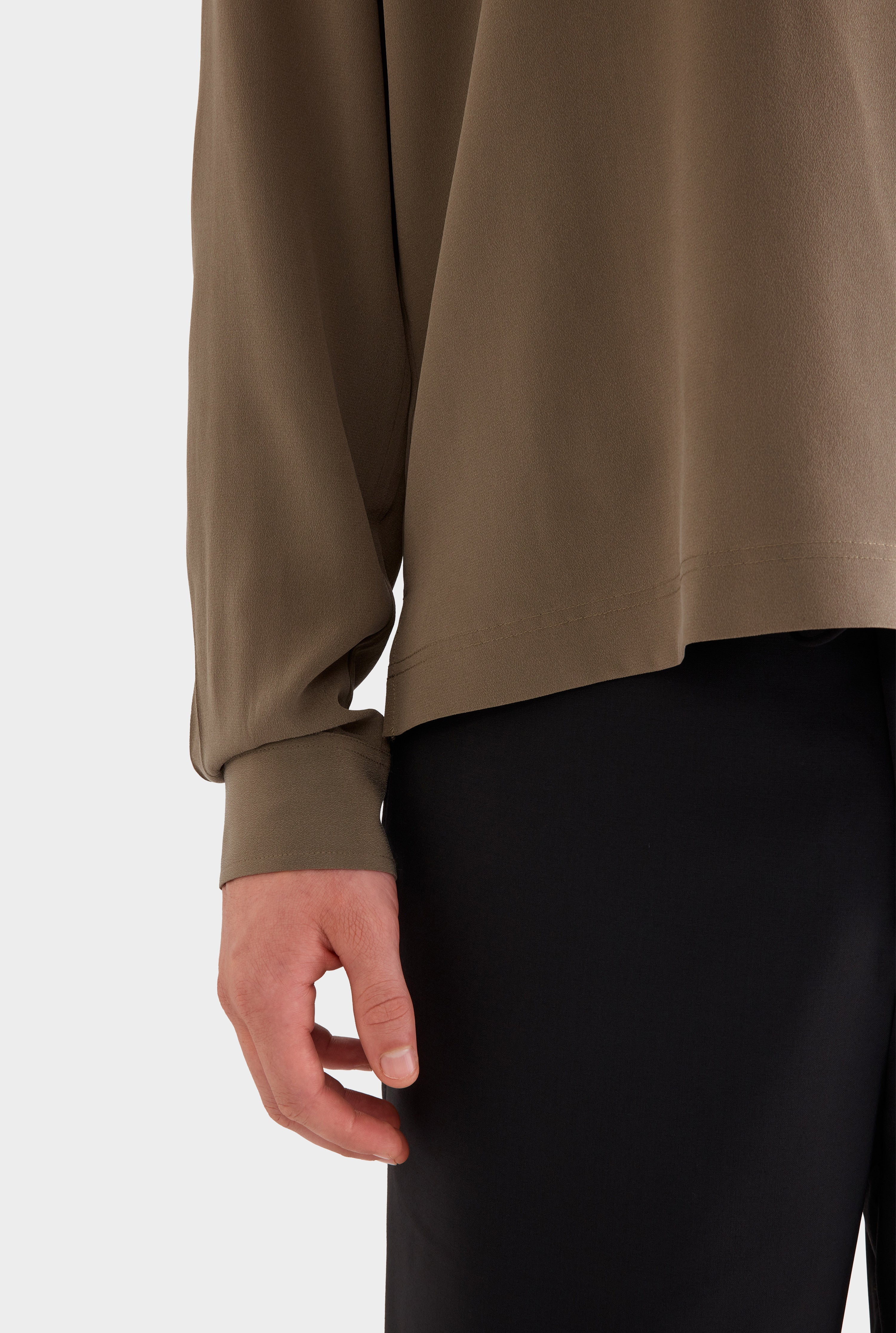 Long Sleeve Silk Boxy Pop Over - Olive