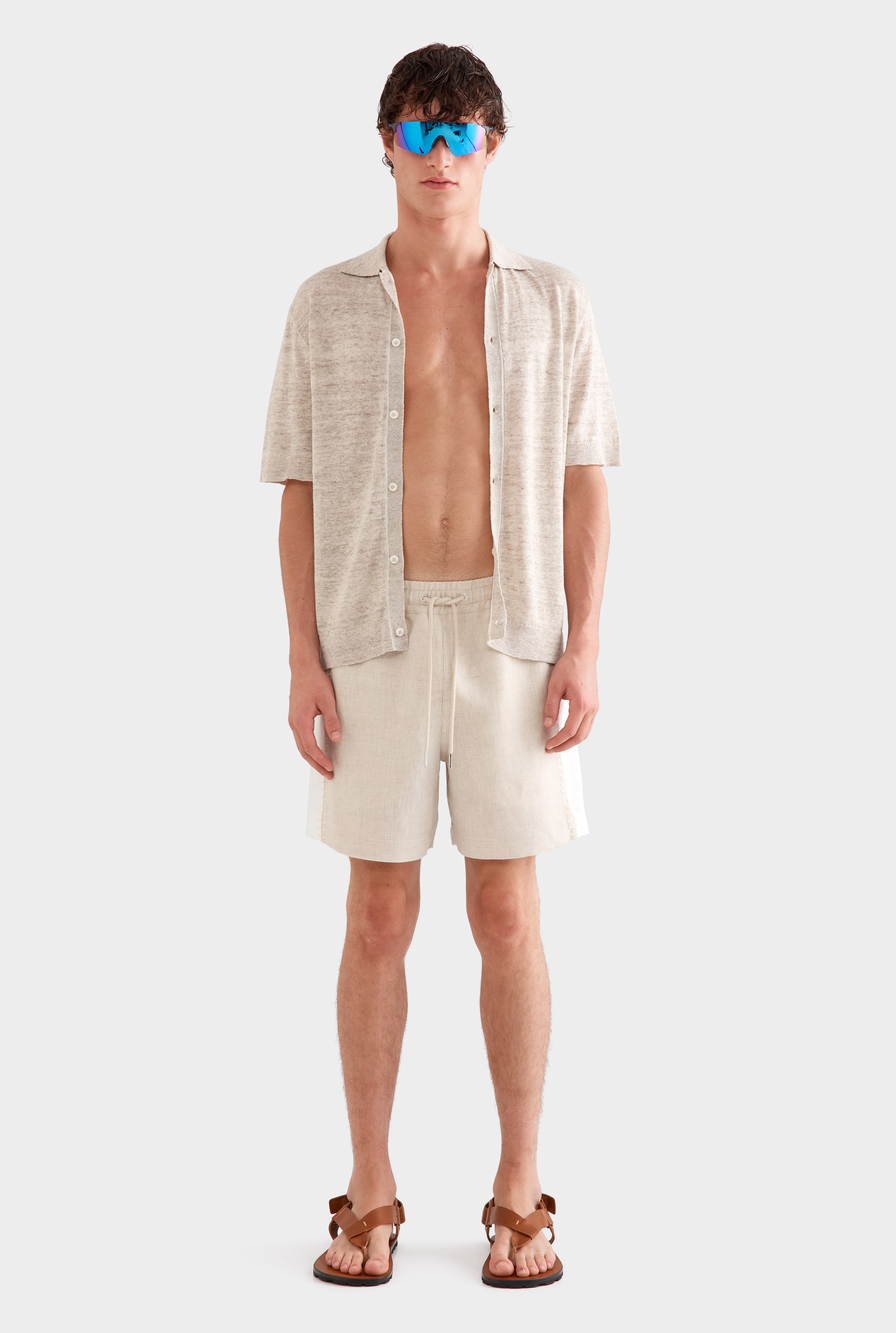 Panelled Crochet Stitch Linen Short - Sand/Off White