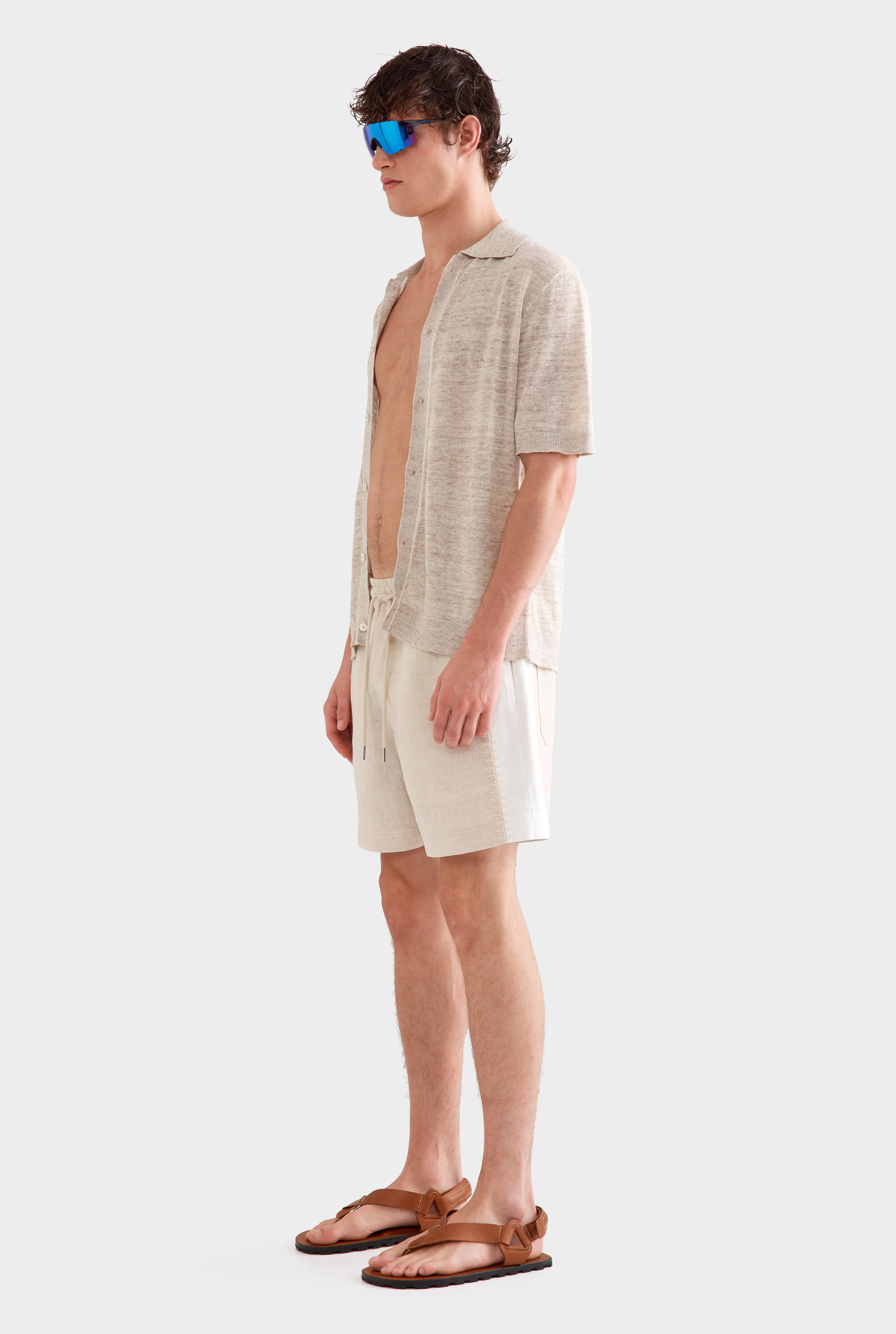 Panelled Crochet Stitch Linen Short - Sand/Off White