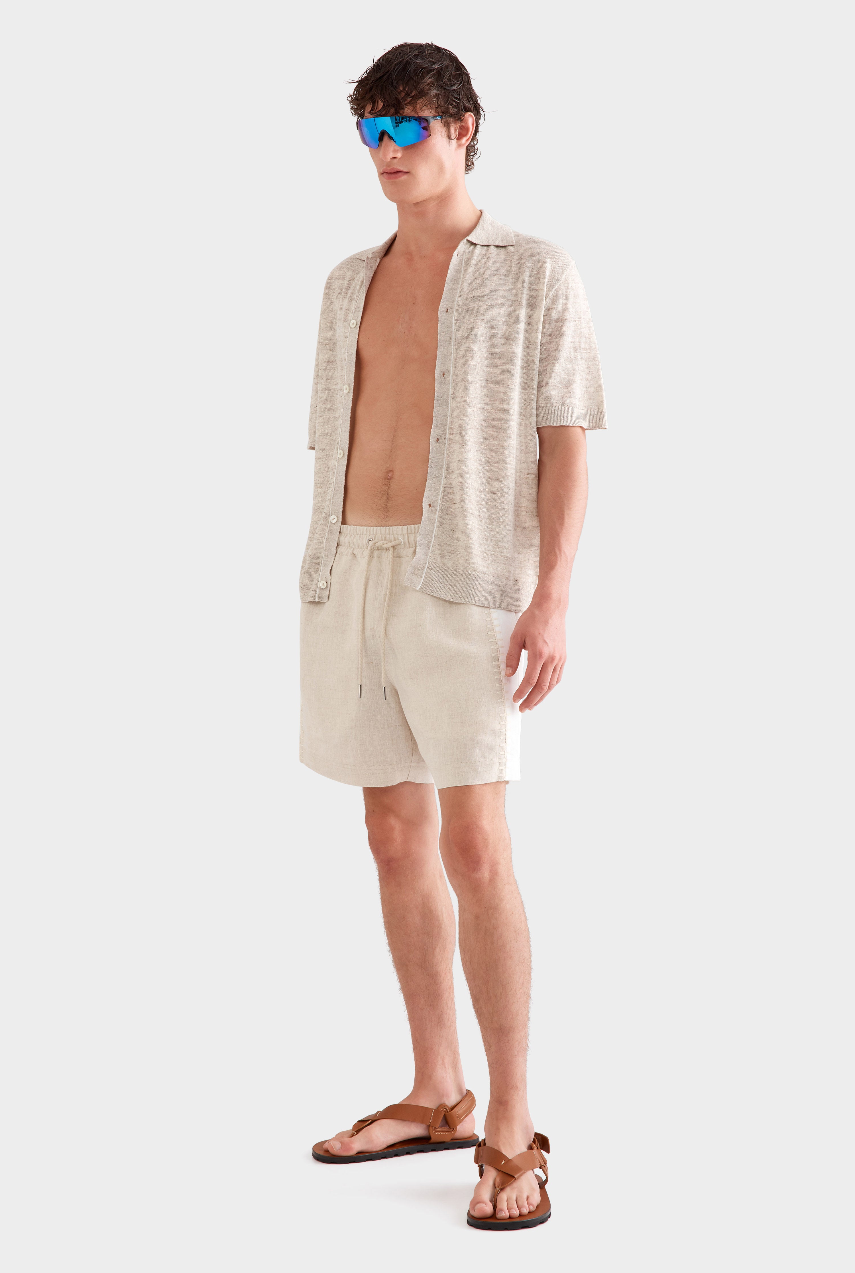 Panelled Crochet Stitch Linen Short - Sand/Off White