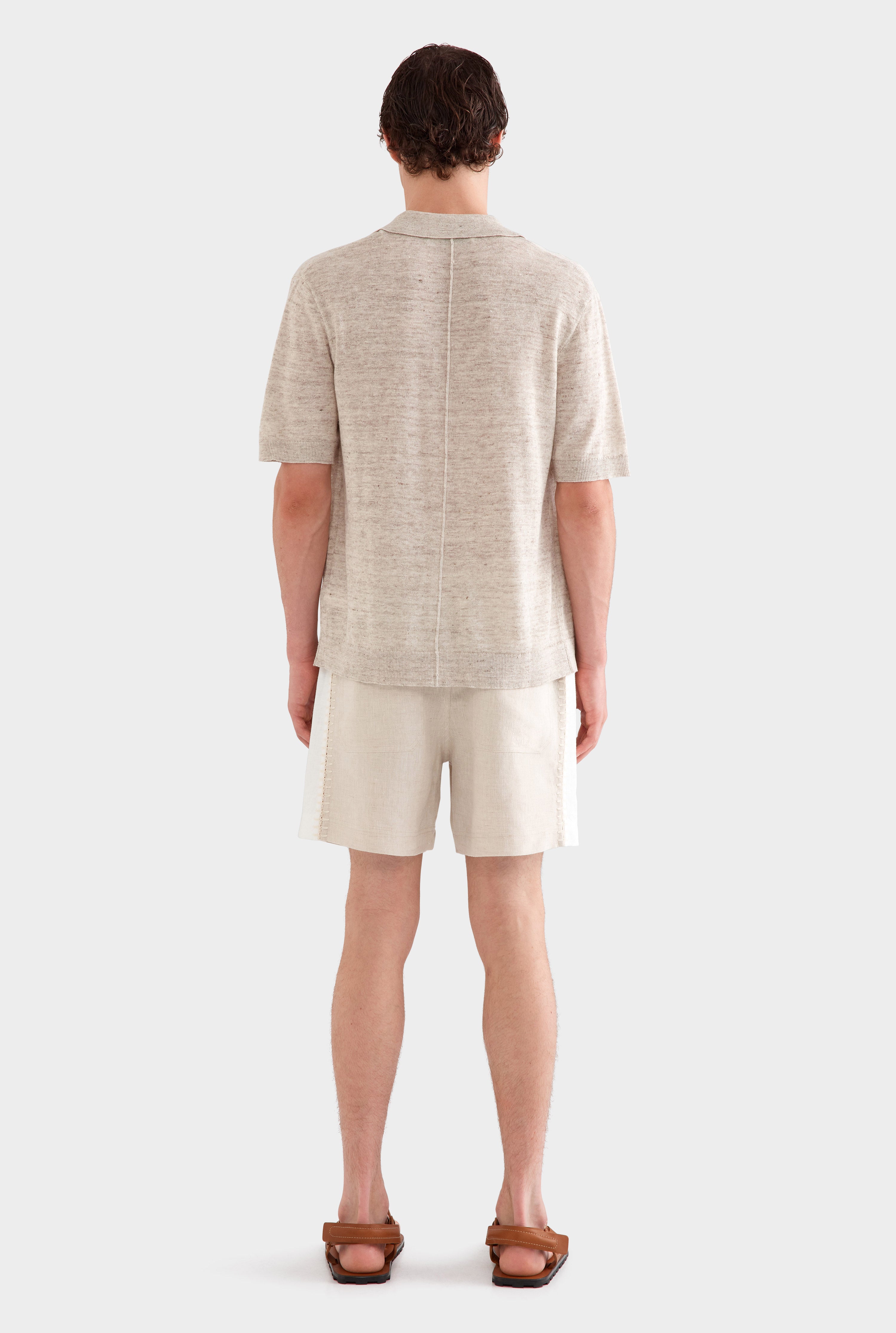 Panelled Crochet Stitch Linen Short - Sand/Off White