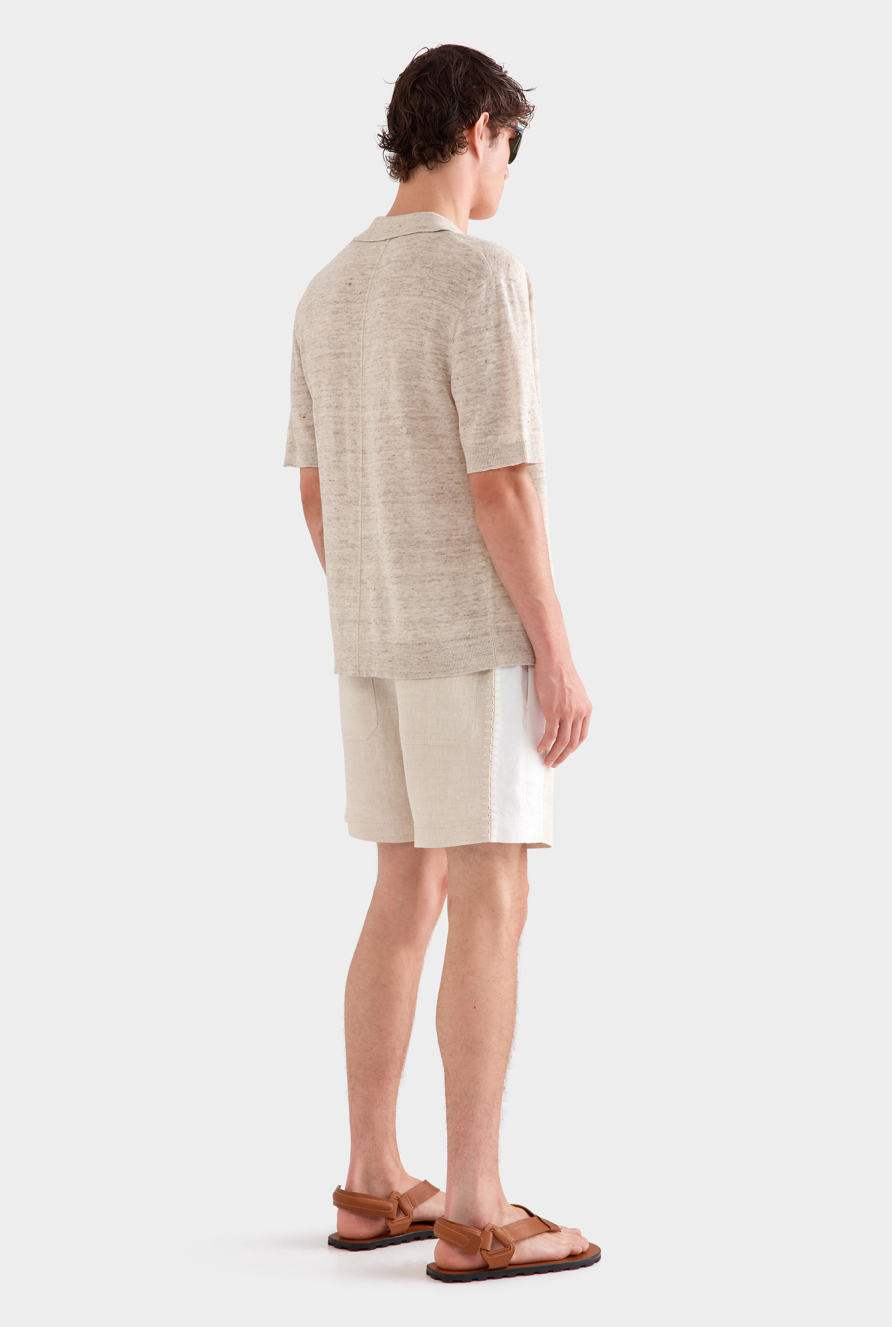 Panelled Crochet Stitch Linen Short - Sand/Off White