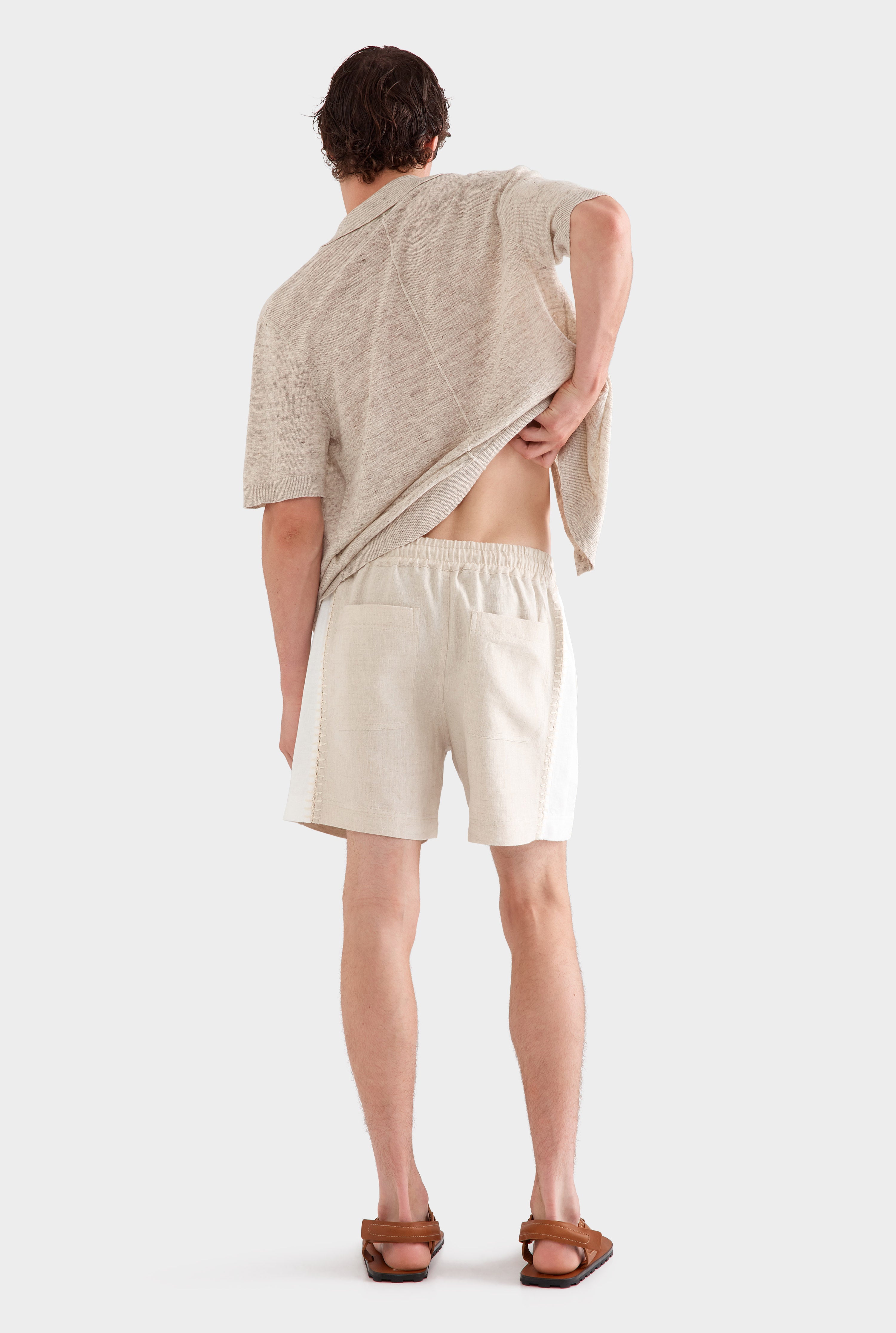 Panelled Crochet Stitch Linen Short - Sand/Off White