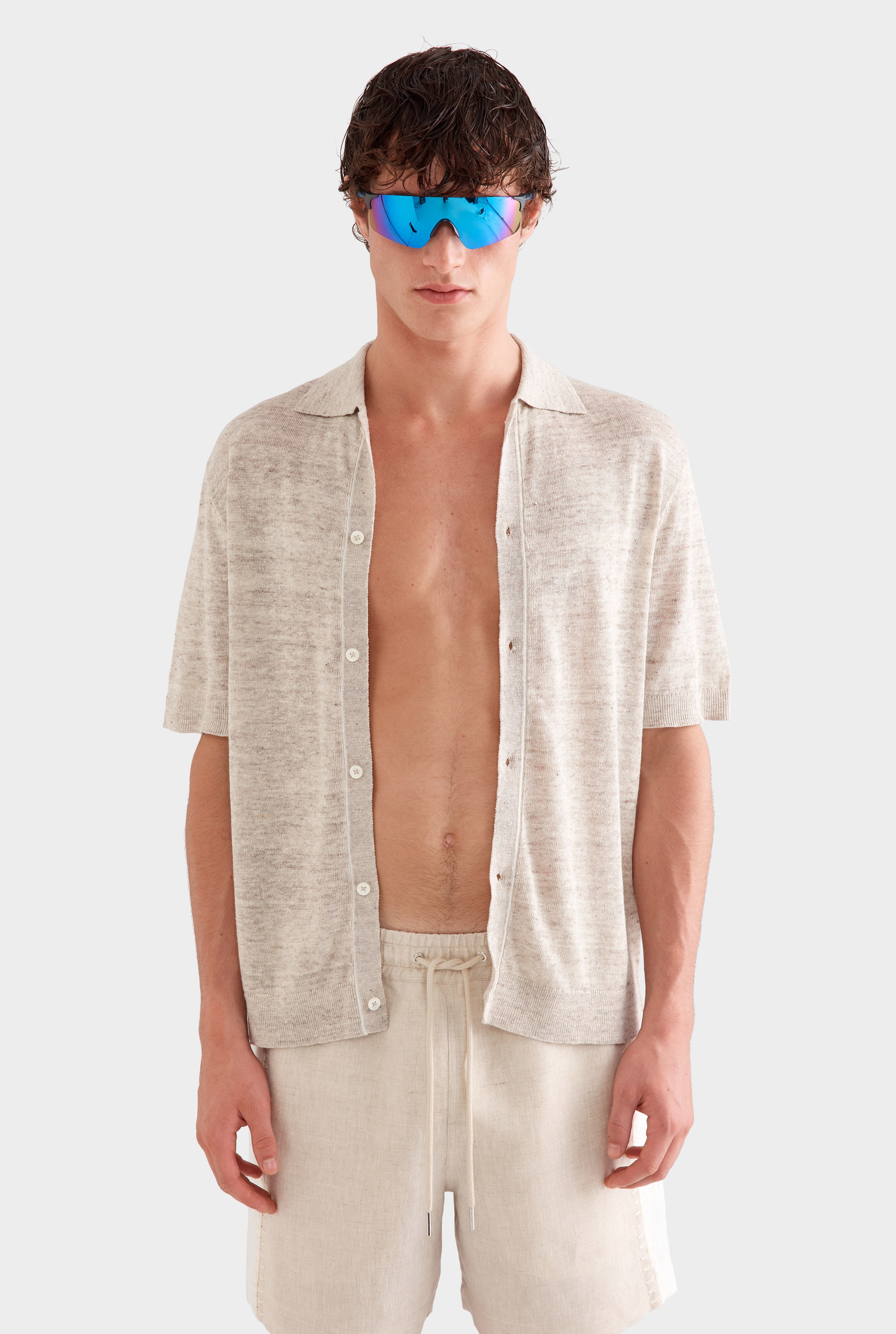 Panelled Crochet Stitch Linen Short - Sand/Off White