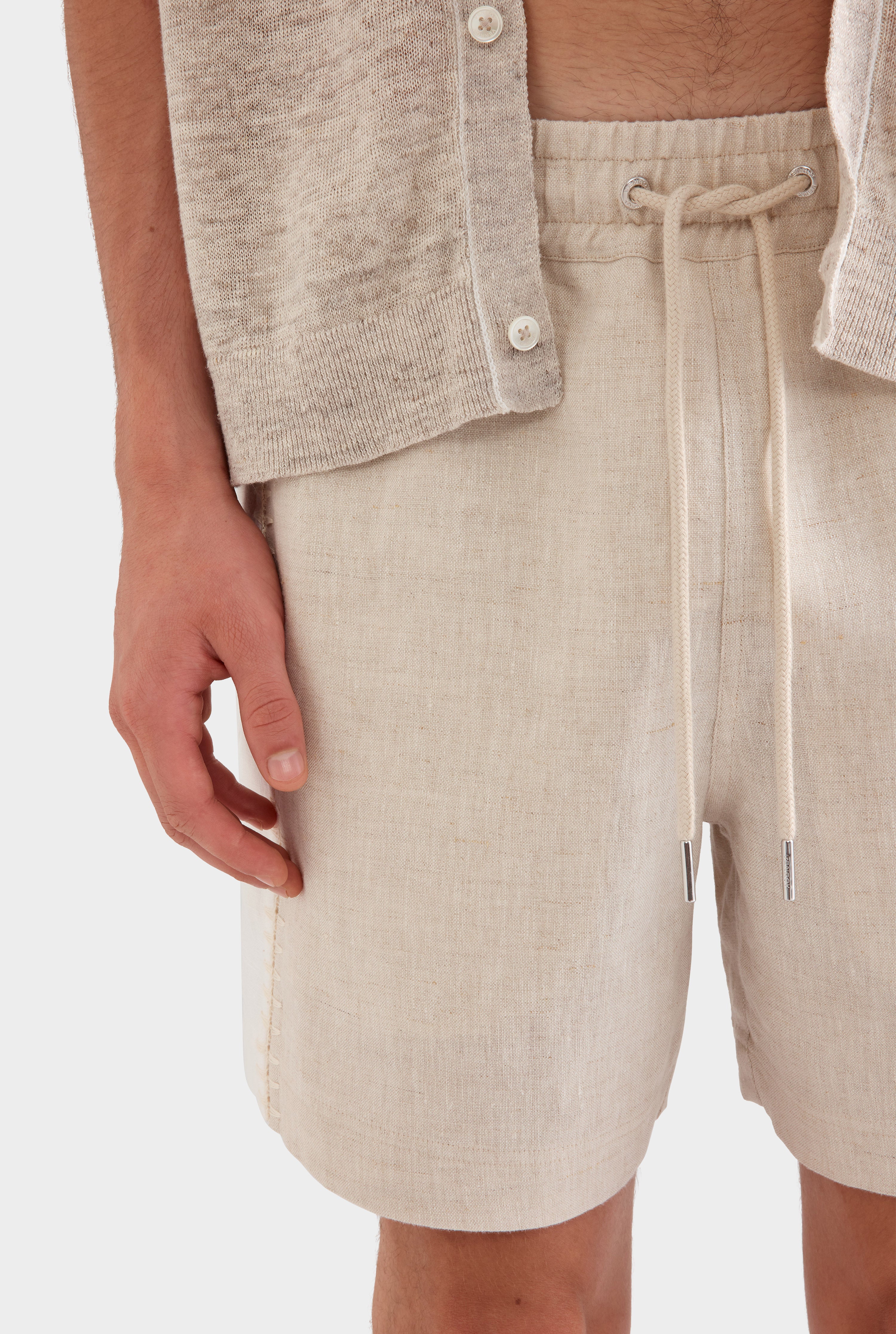 Panelled Crochet Stitch Linen Short - Sand/Off White