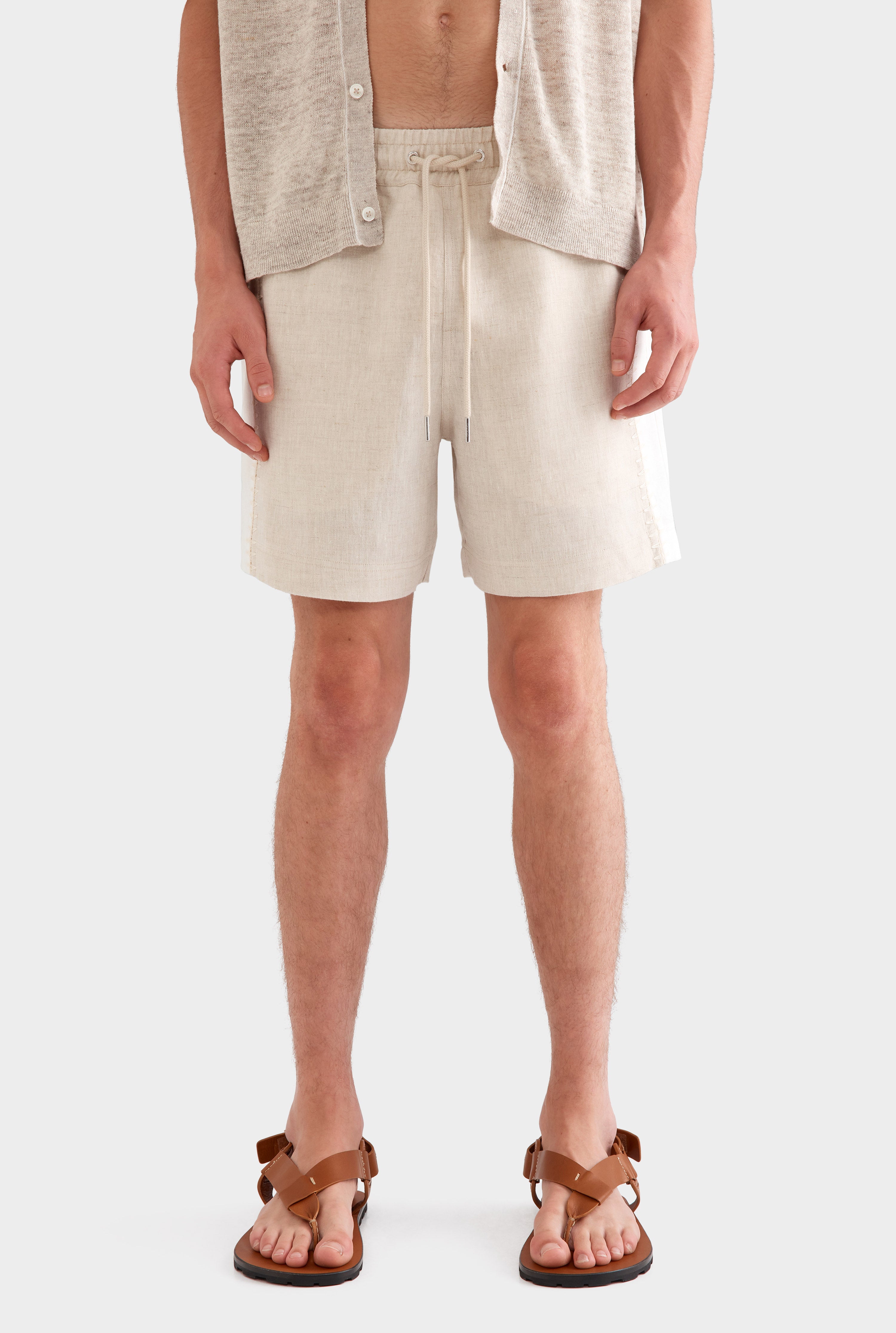 Panelled Crochet Stitch Linen Short - Sand/Off White