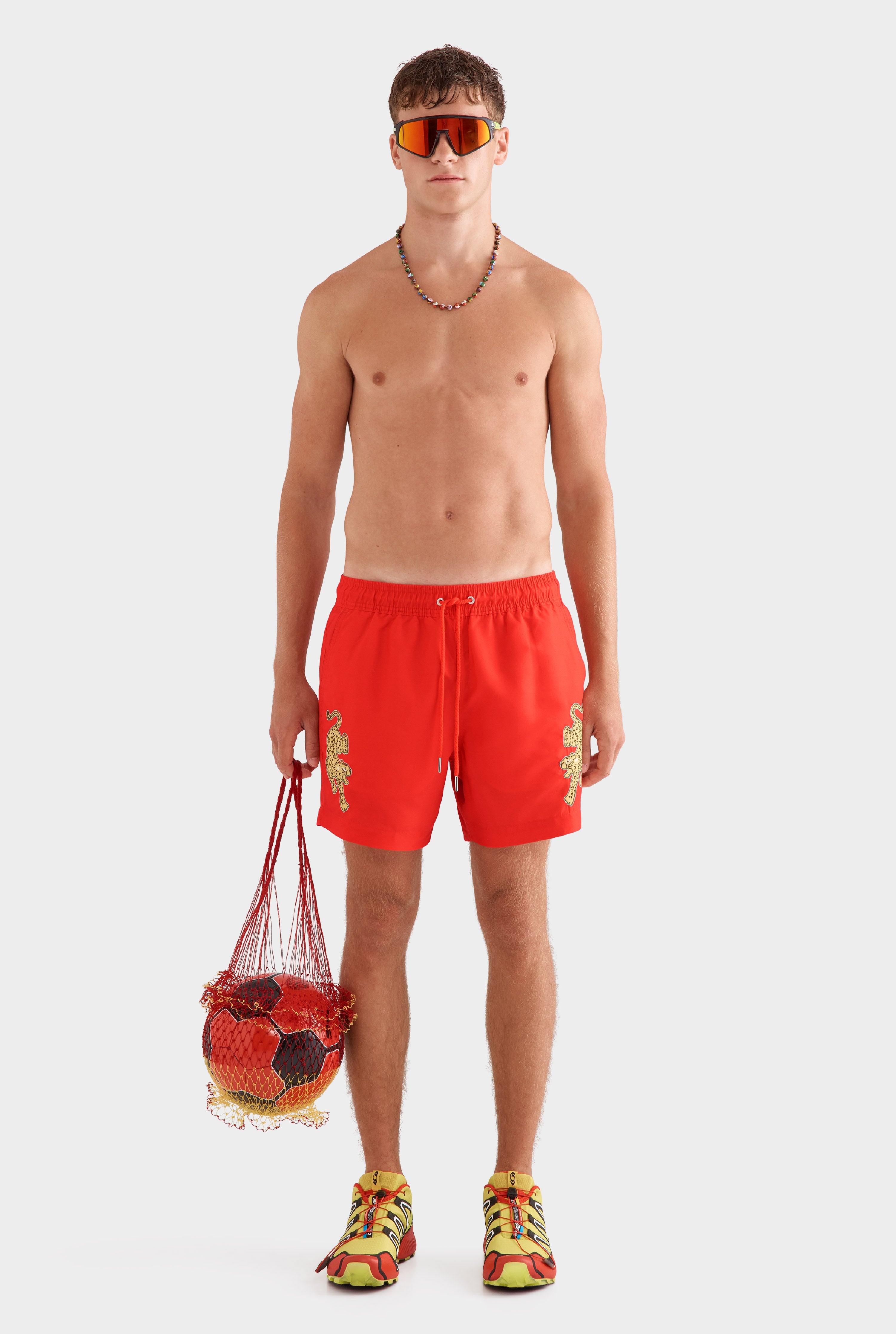 Printed Swim Short - Bright Red/Jaguar Embroidery