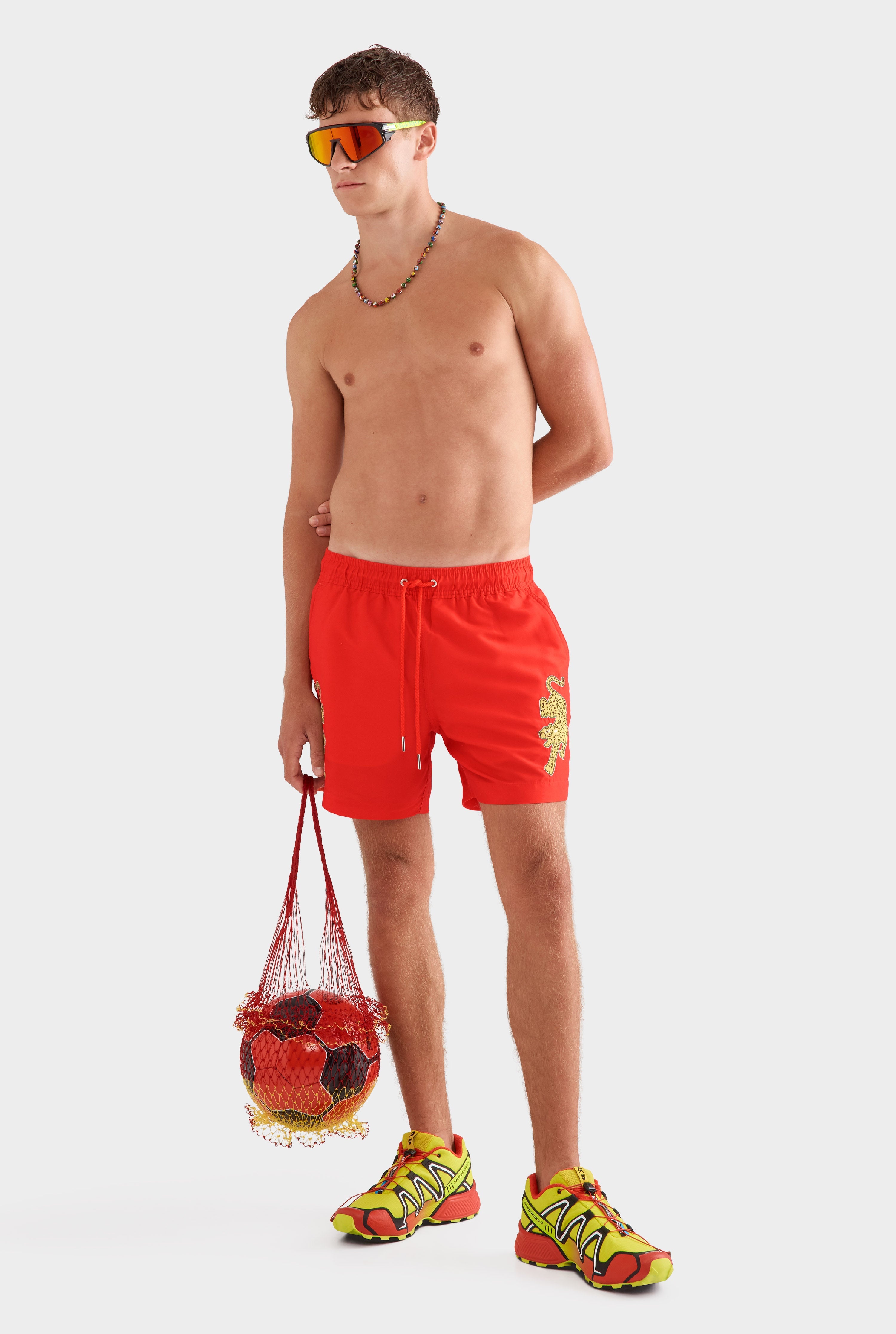 Printed Swim Short - Bright Red/Jaguar Embroidery