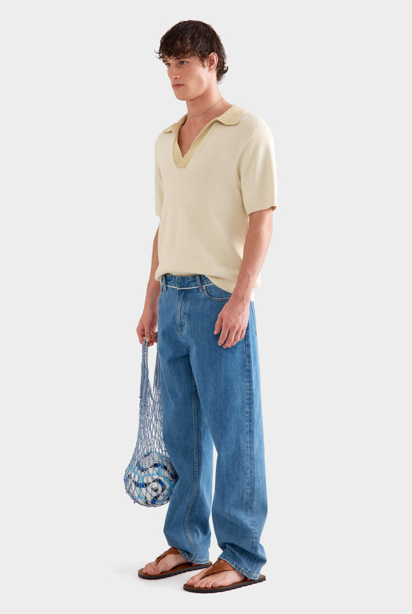 Relaxed Cotton Knit Open Neck Polo - Cream/Green Haze