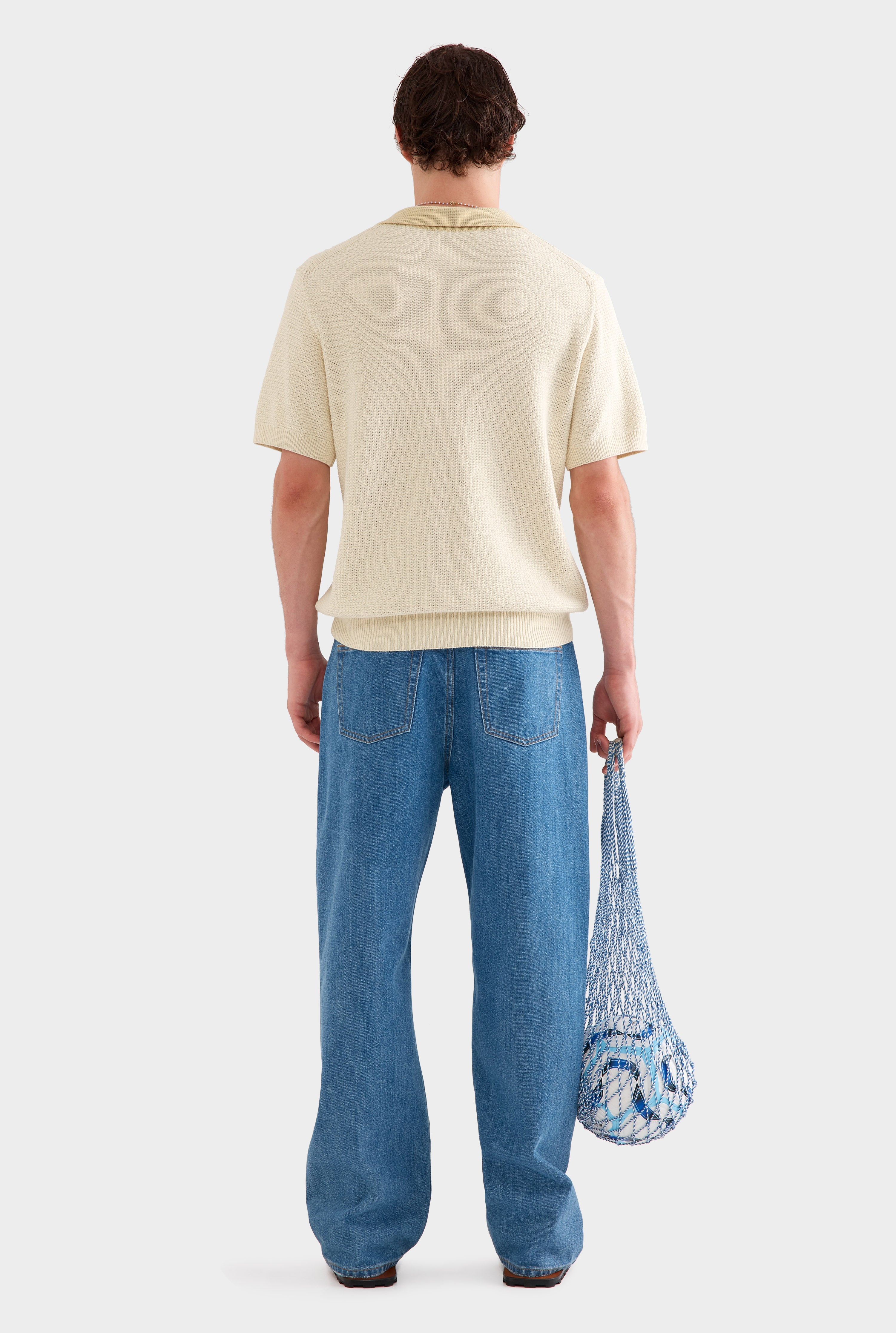 Relaxed Cotton Knit Open Neck Polo - Cream/Green Haze