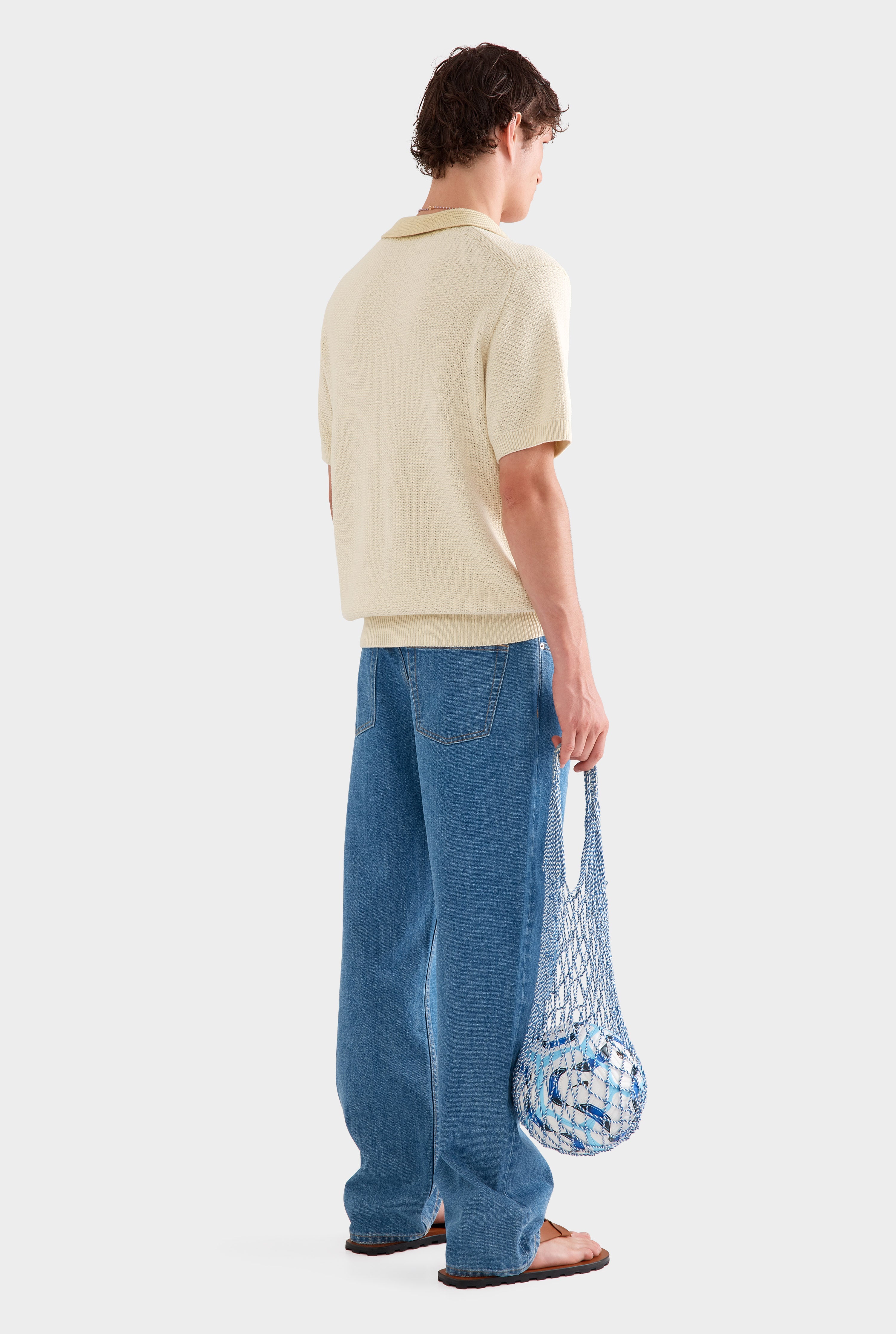 Relaxed Cotton Knit Open Neck Polo - Cream/Green Haze