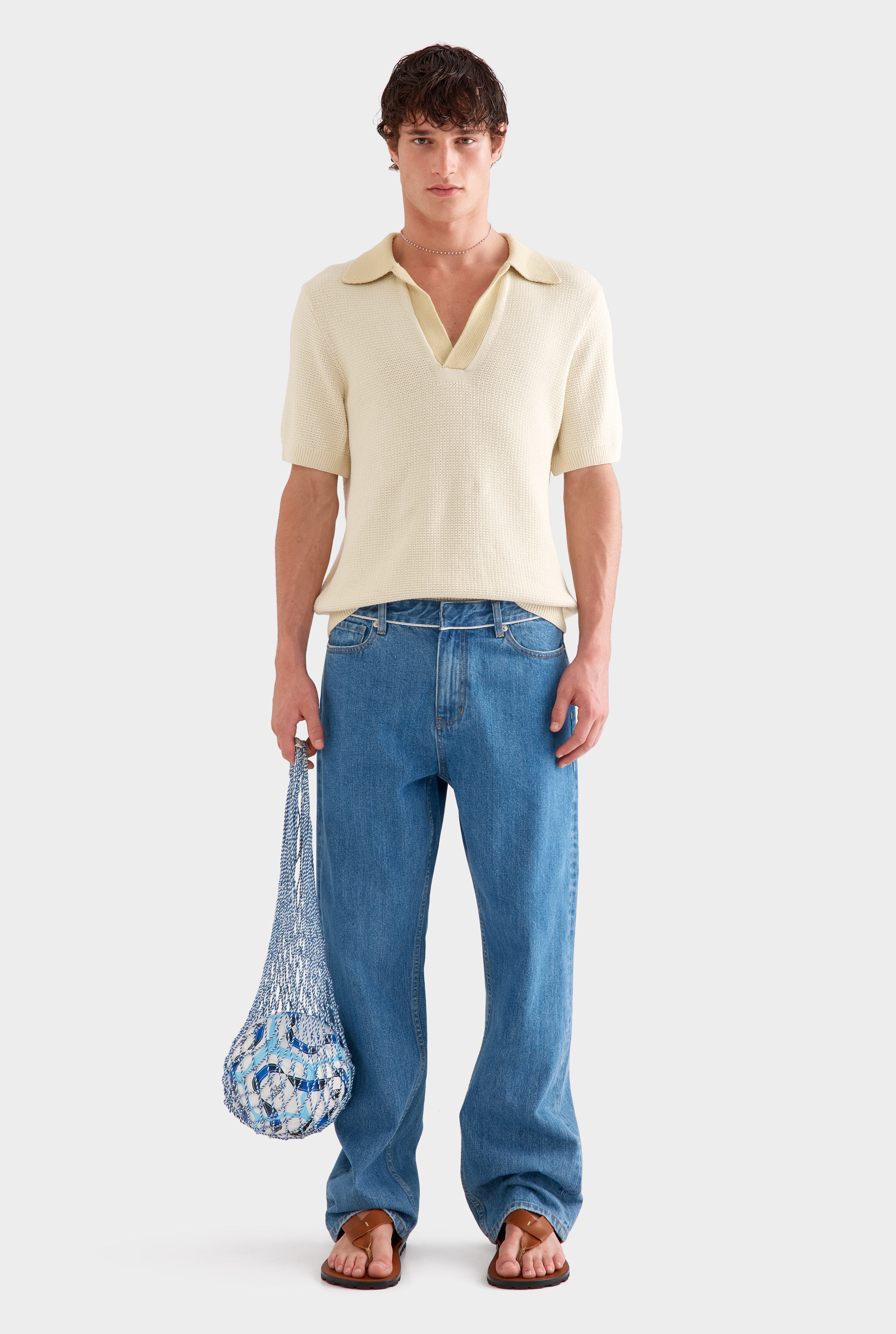 Relaxed Cotton Knit Open Neck Polo - Cream/Green Haze